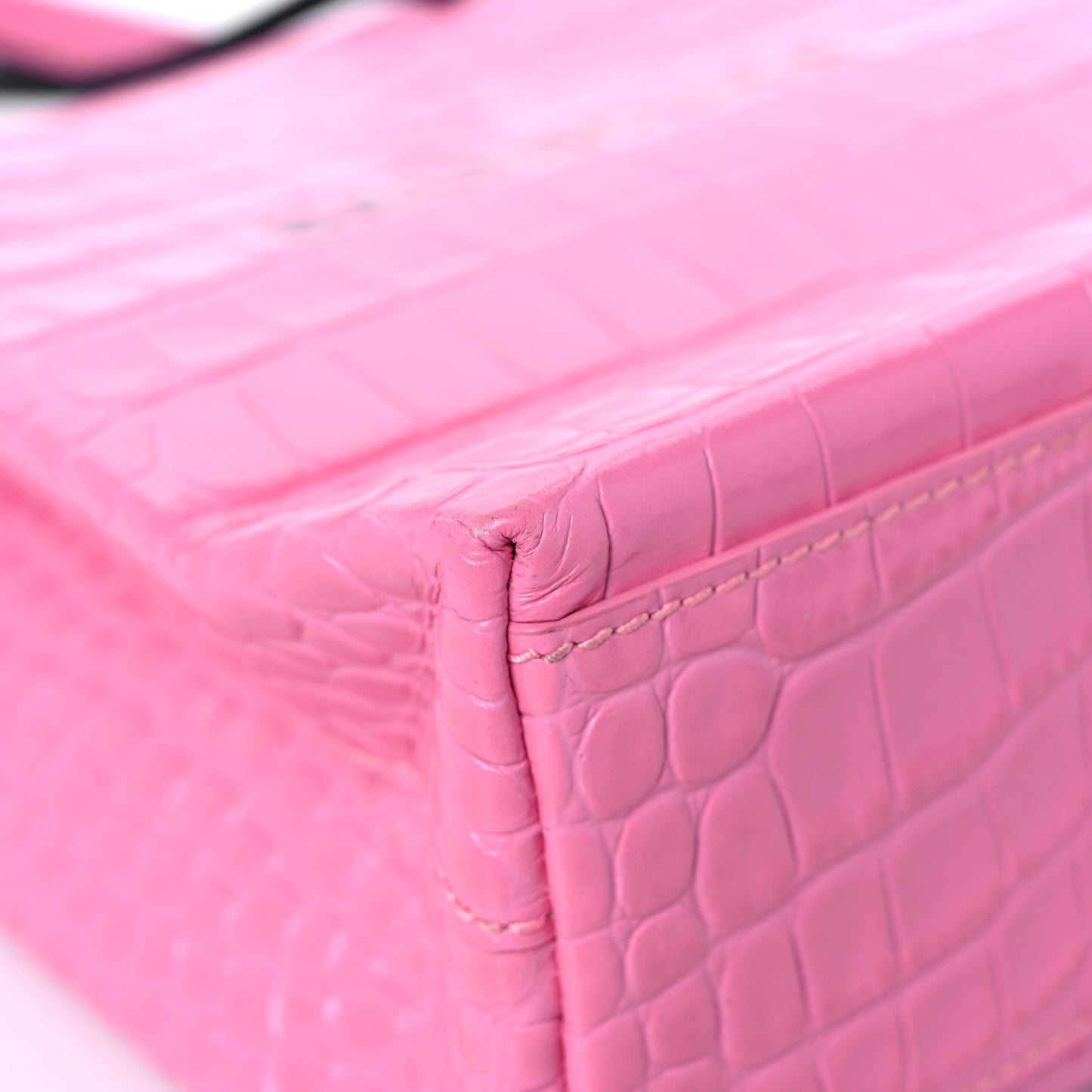 Shiny Calfskin Logo Crocodile Embossed North South Shopper Tote XXS Rose Black