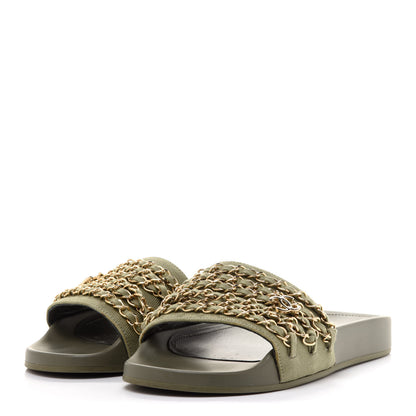 Chanel Canvas Chain Flat Sandals 36 Khaki 3 of 11