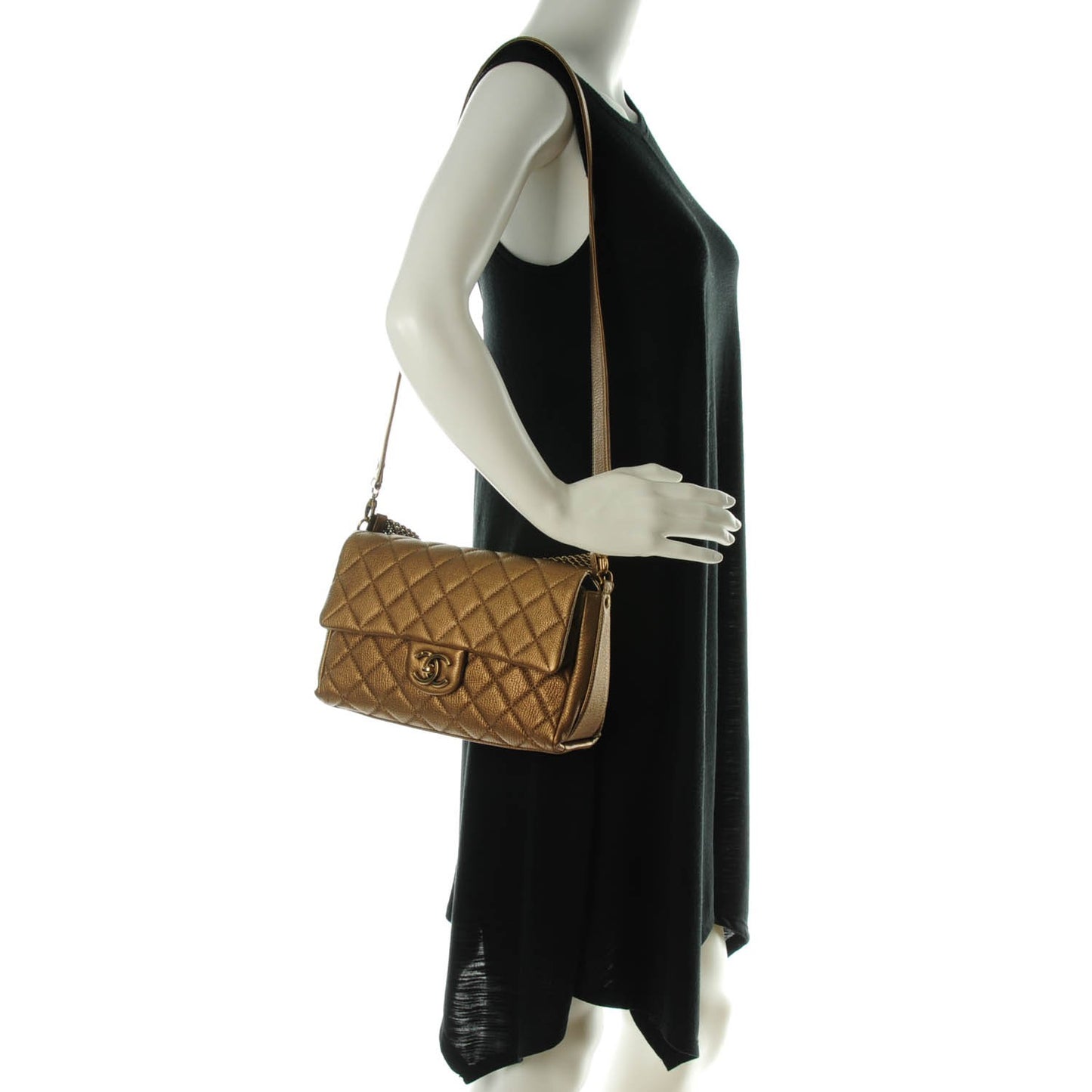 Metallic Goatskin Quilted Chain Handle Flap Dark Gold