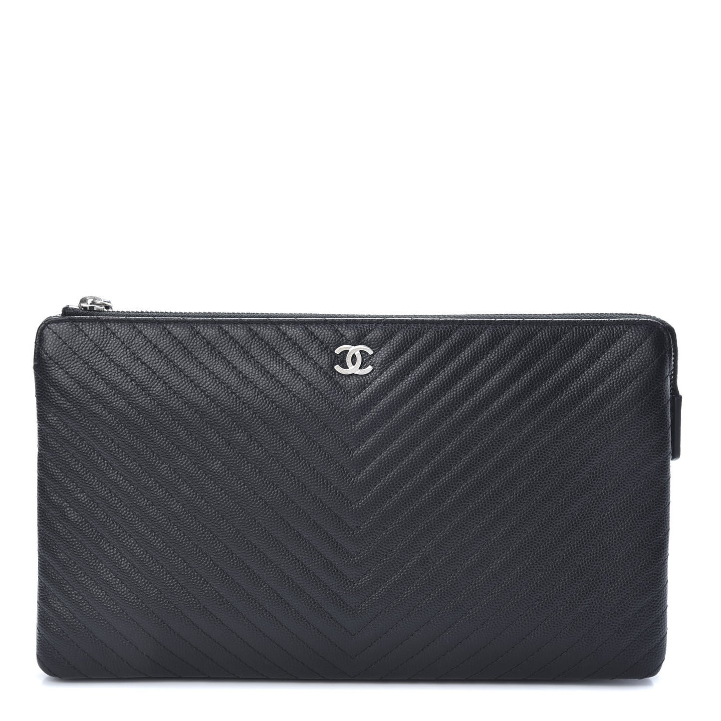 Caviar Chevron Quilted Large Zipped Clutch Black