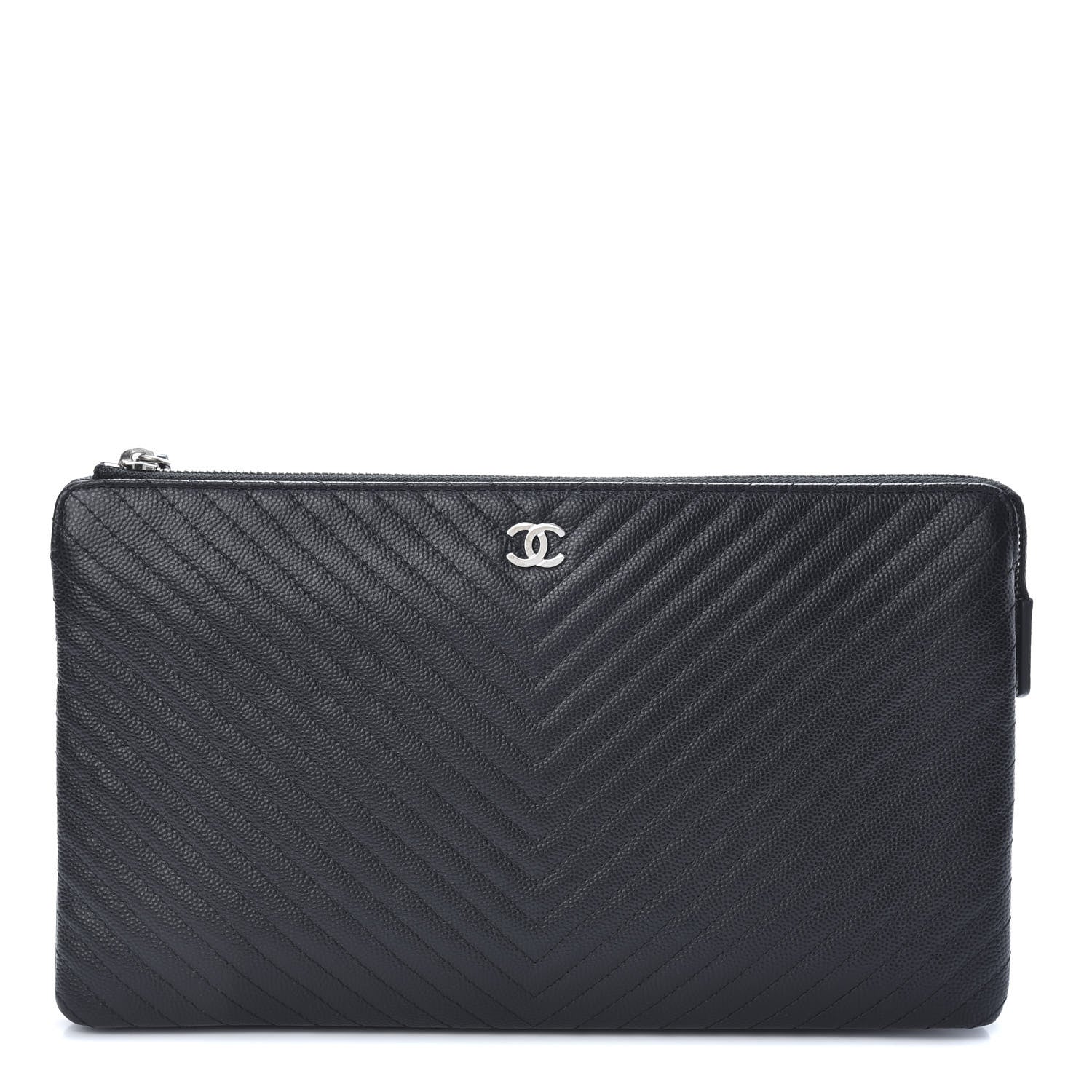 Chanel Caviar Chevron Quilted Large Zipped Clutch Black 1 of 9