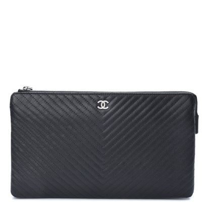Chanel Caviar Chevron Quilted Large Zipped Clutch Black 1 of 9