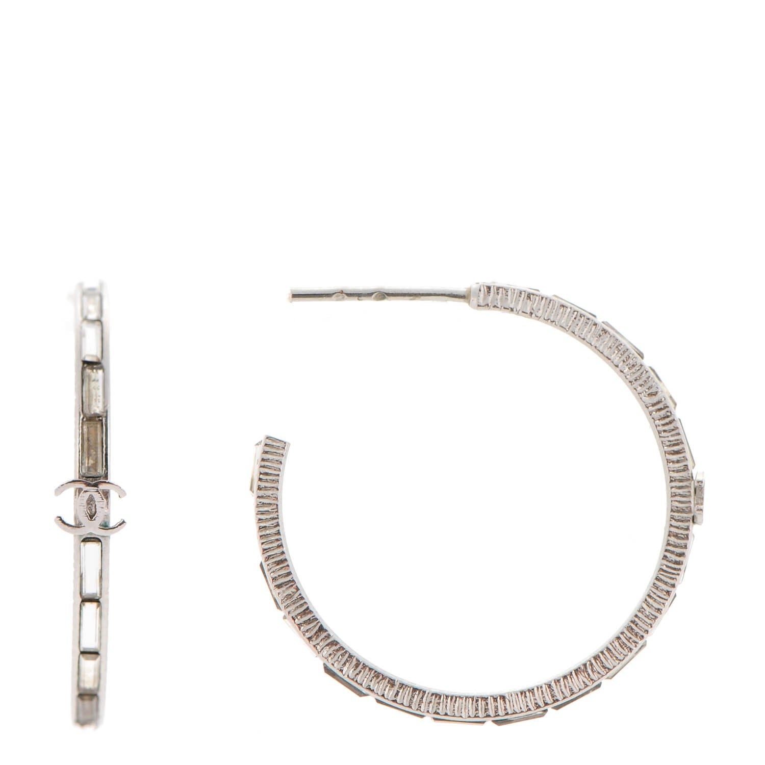Chanel Baguette Crystal CC Hoop Earrings Silver 1 of 6
