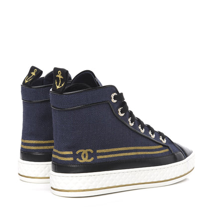 Chanel Fabric Lambskin Lace Up Cap Toe Sneakers 35 Navy Black 4 of 9