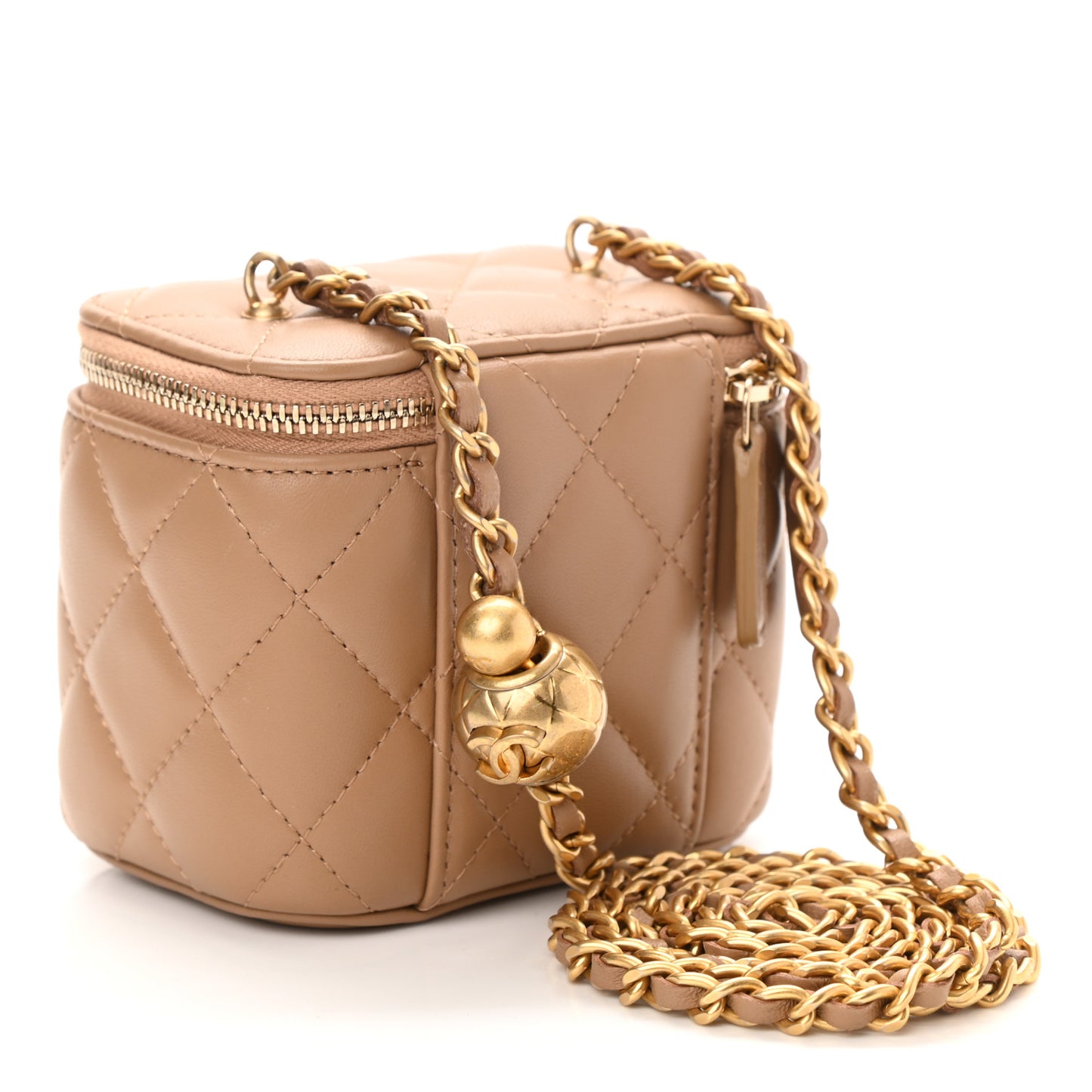 Lambskin Quilted Pearl Crush Mini Vanity Case With Chain Beige