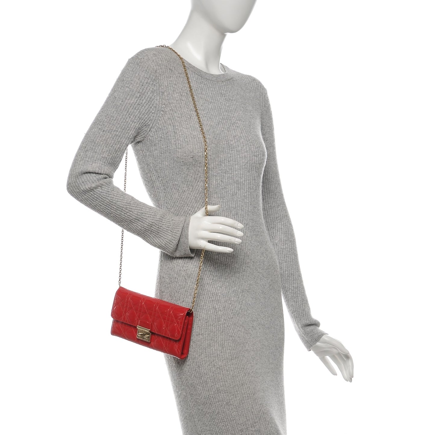 Patent Cannage Miss Dior Chain Wallet Red