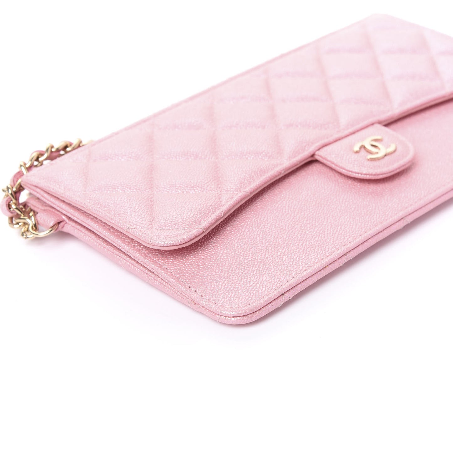 Iridescent Caviar Quilted Classic Pouch With Handle Rose Pink