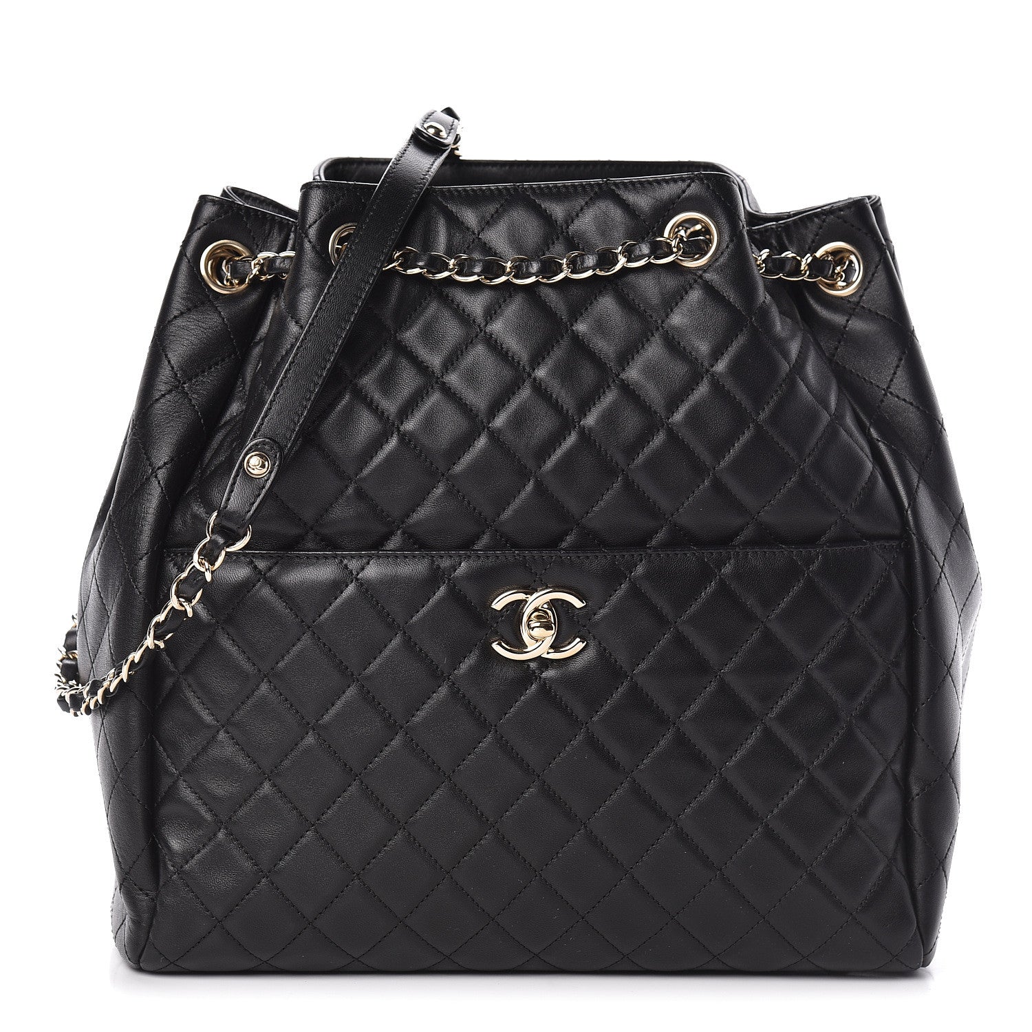 Chanel Lambskin Quilted Large Drawstring Bag Black 1 of 11