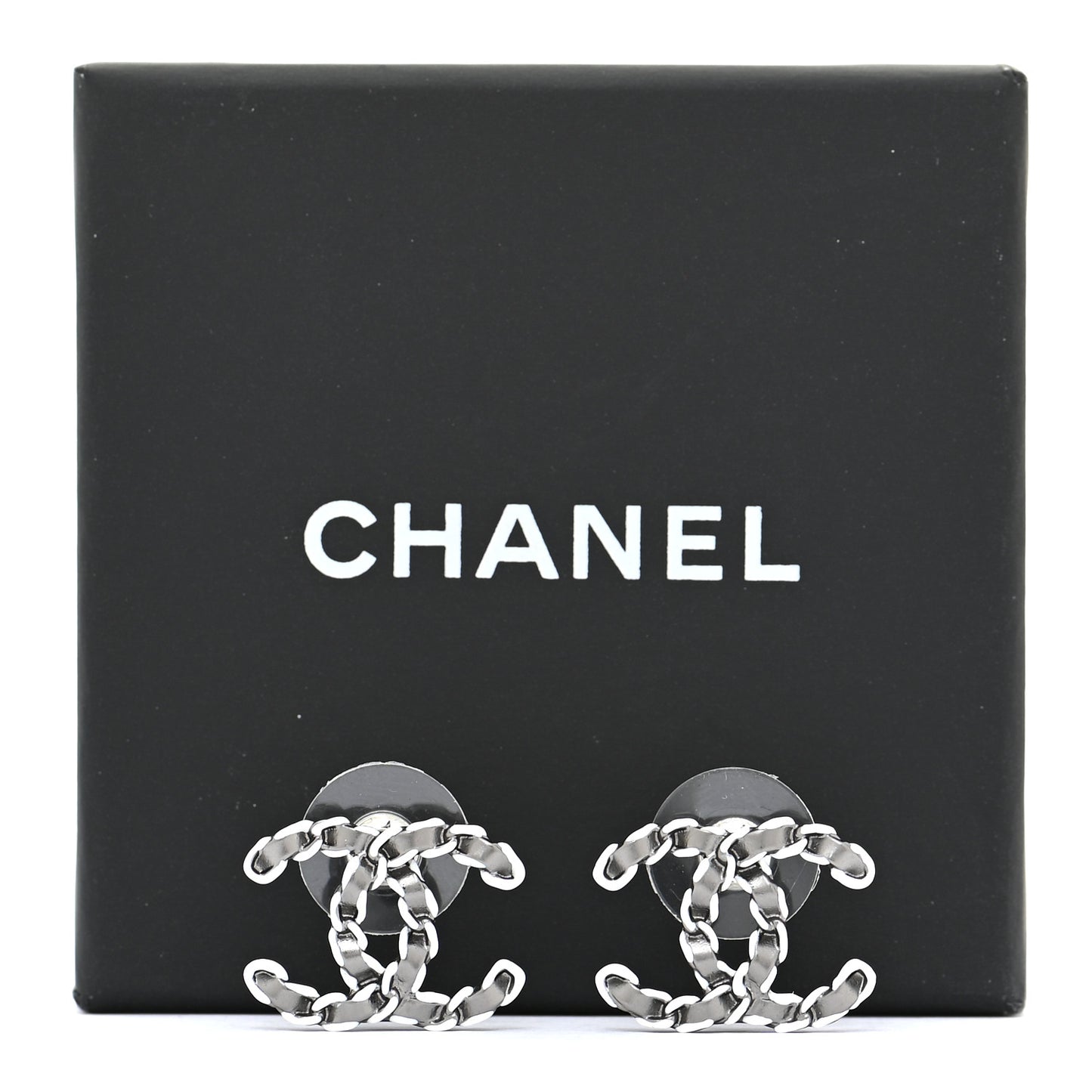 Lambskin Chain CC Earrings Silver Grey