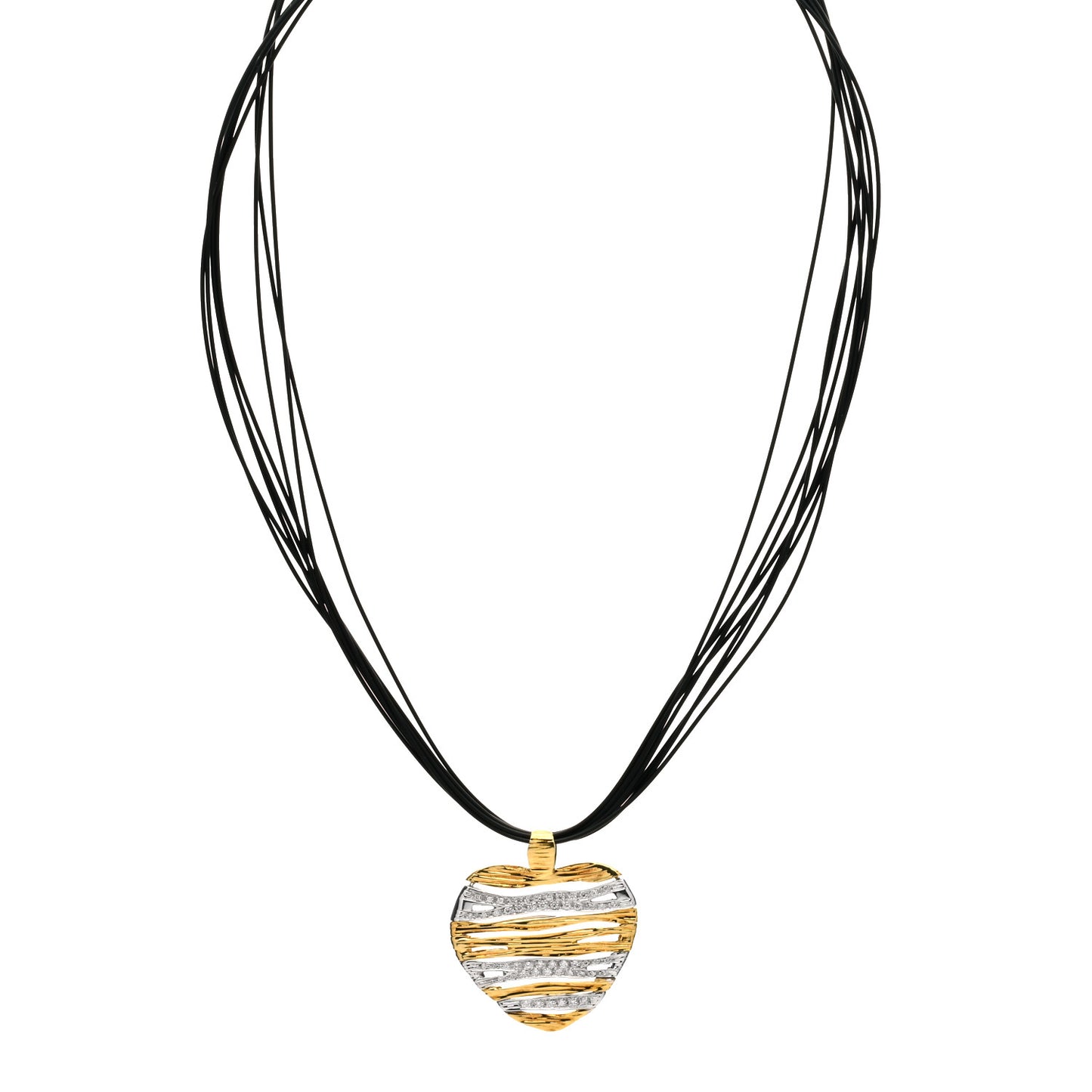 18K Yellow White Gold Diamond Elephant Hair Elephantino Heart Pendant Cord Necklace Black