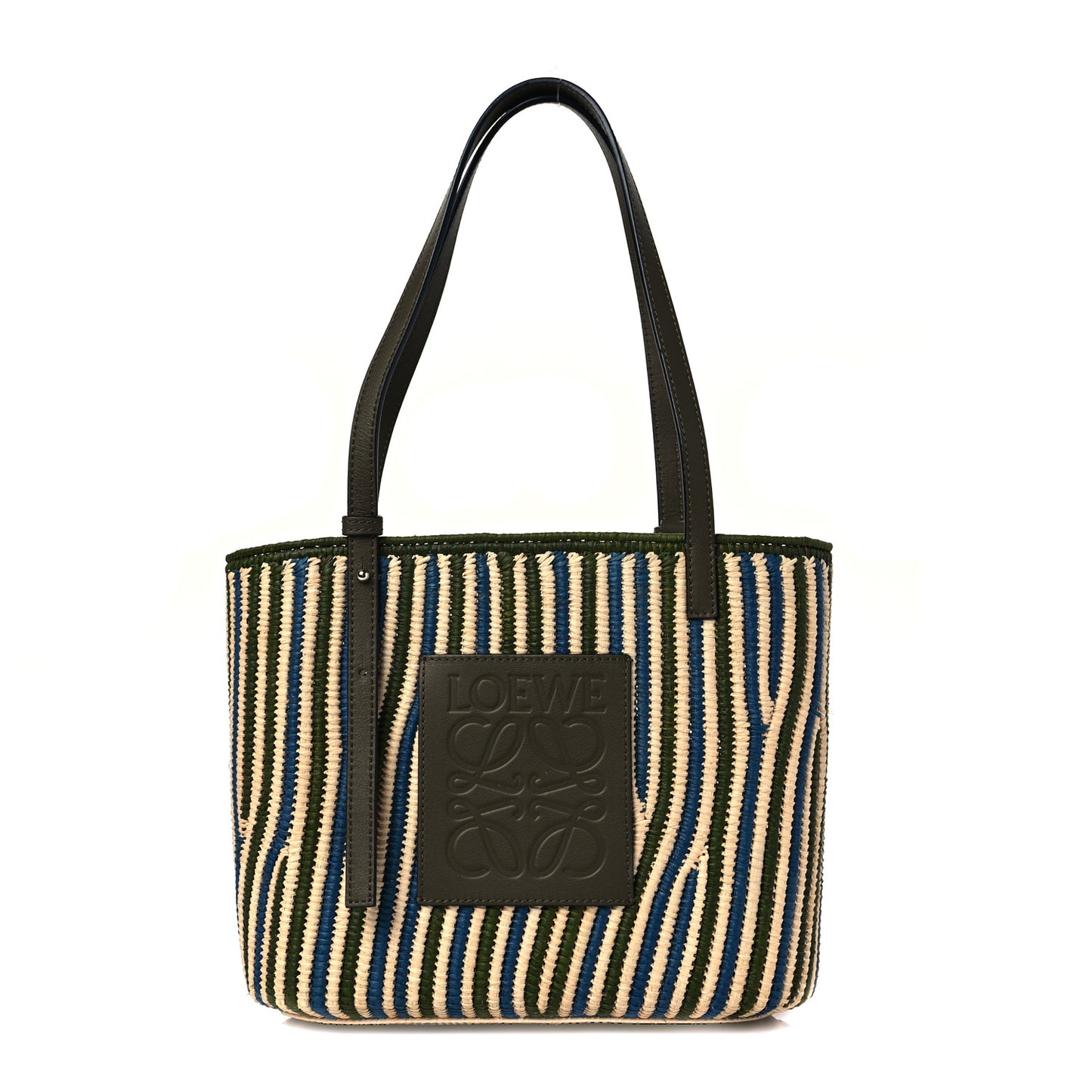 Raffia Square Small Basket Tote Bag Natural Khaki Blue