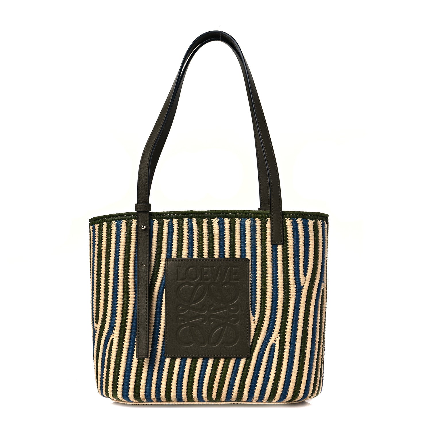 Loewe Raffia Square Small Basket Tote Bag Natural Khaki Blue 1 of 6