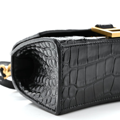 Balenciaga Shiny Calfskin Crocodile Embossed Hourglass Top Handle Bag XS Black 10 of 11