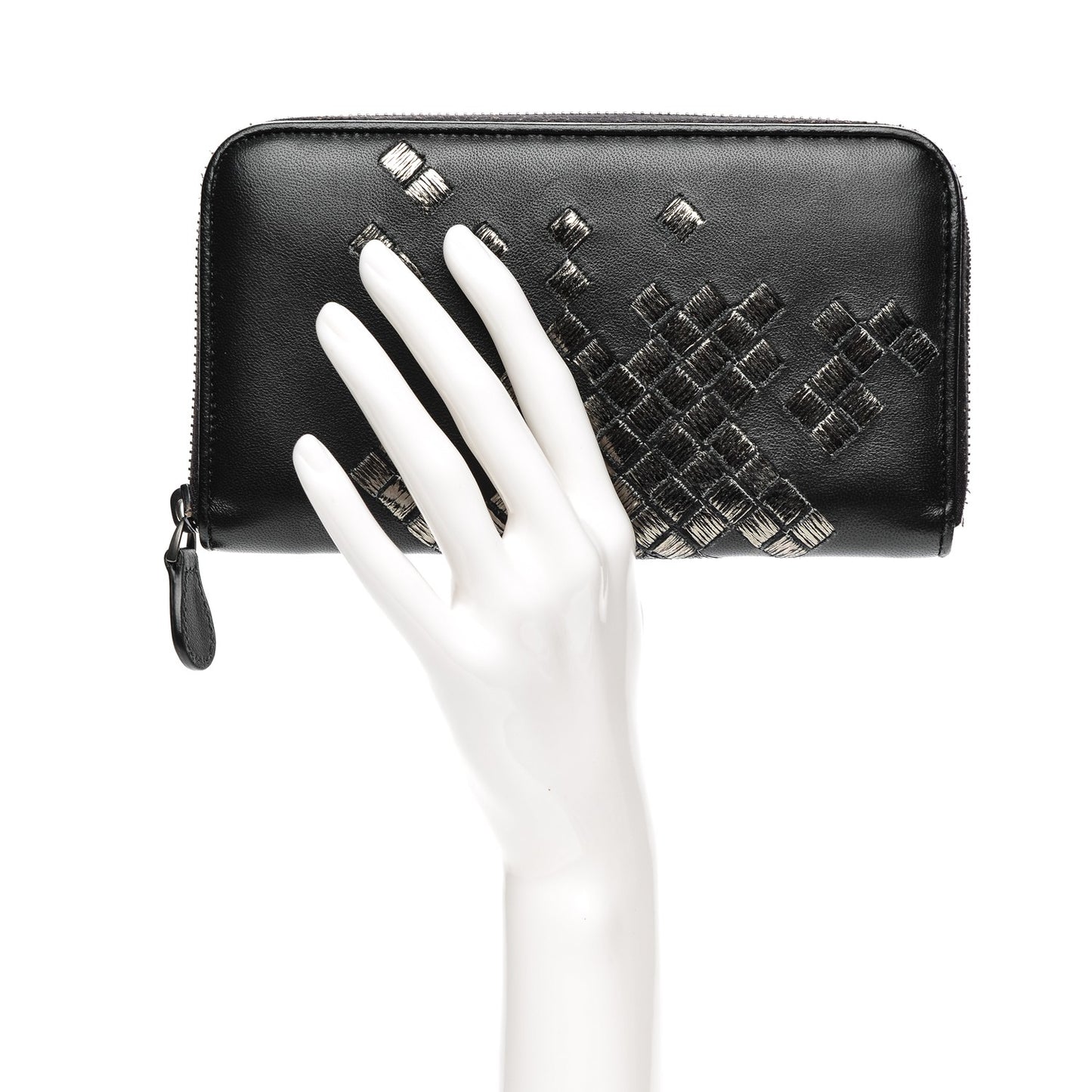 Nappa Ricamo Placcato Zip Around Wallet Nero Black