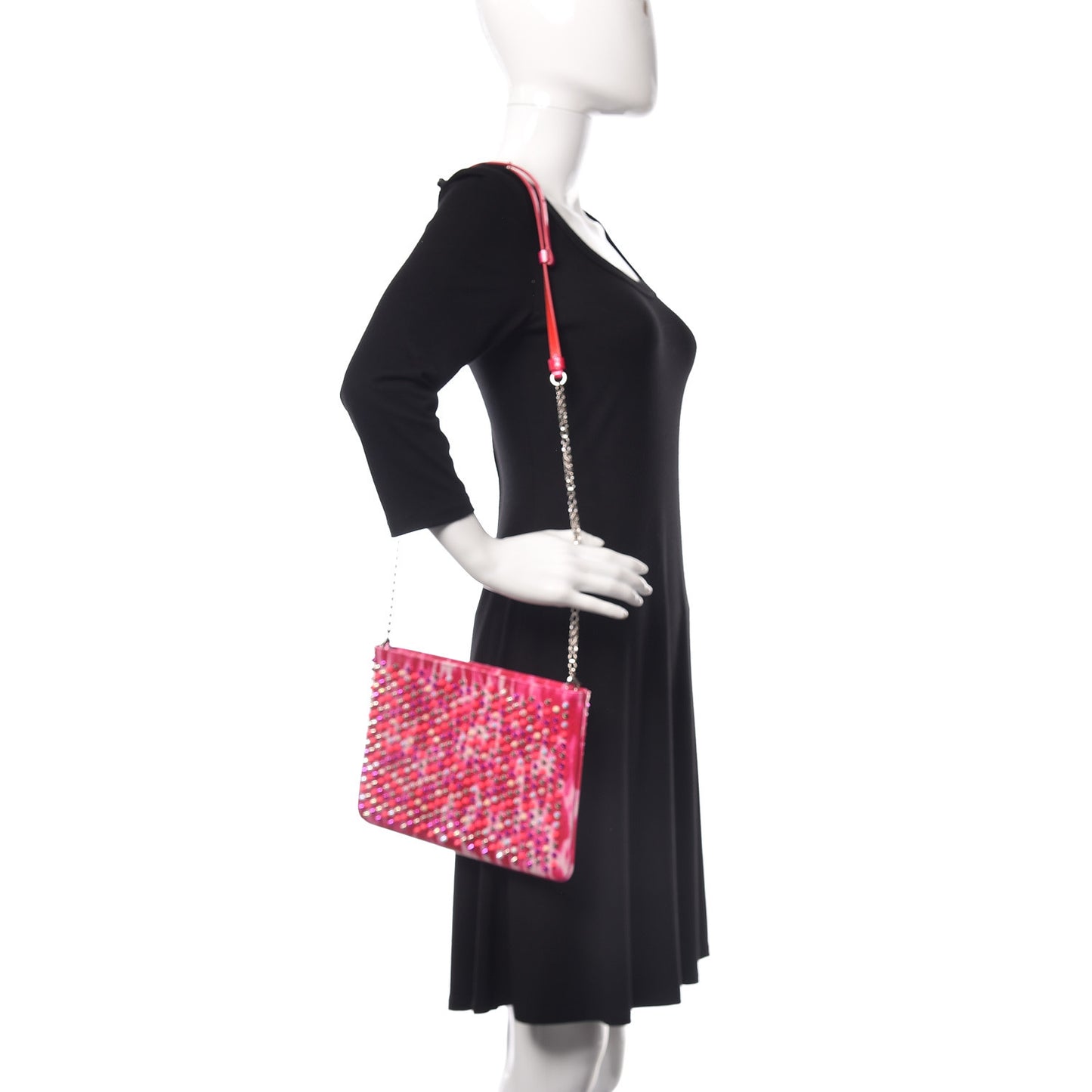 Patent Glittart Studded Loubiposh Chain Clutch Shocking Pink