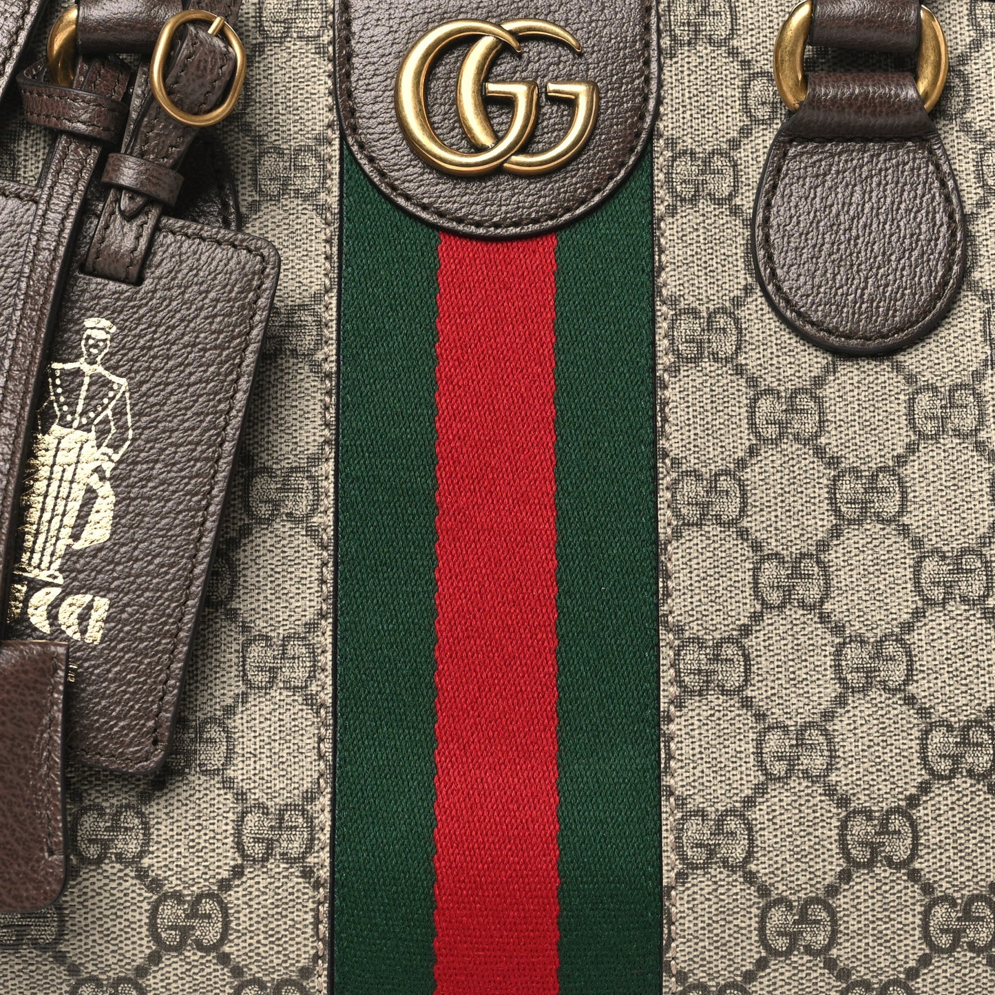 GG Supreme Monogram Textured Dollar Calfskin Web Medium Ophidia Top Handle Duffle Bag Beige Ebony New Acero