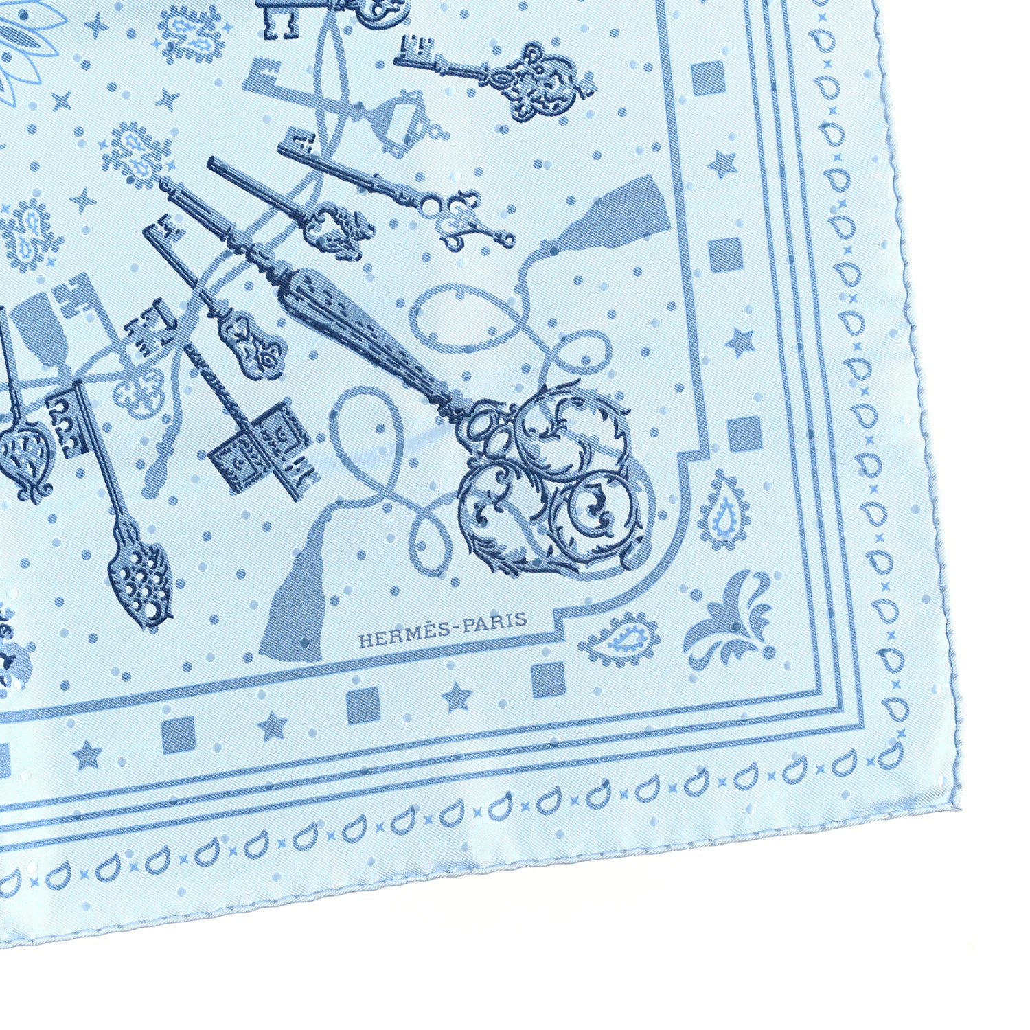 Hermes Silk Les Cles Bandana Scarf 55 Bleu Ciel Bleu Jean Gris 2 of 3