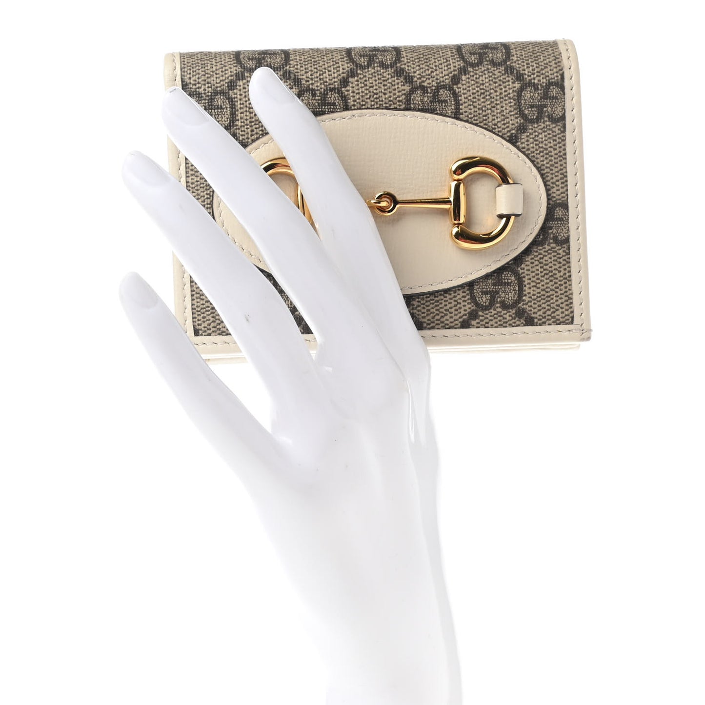GG Supreme Monogram Azalea Calfskin Horsebit 1955 Card Case Wallet Beige Ebony Mystic White