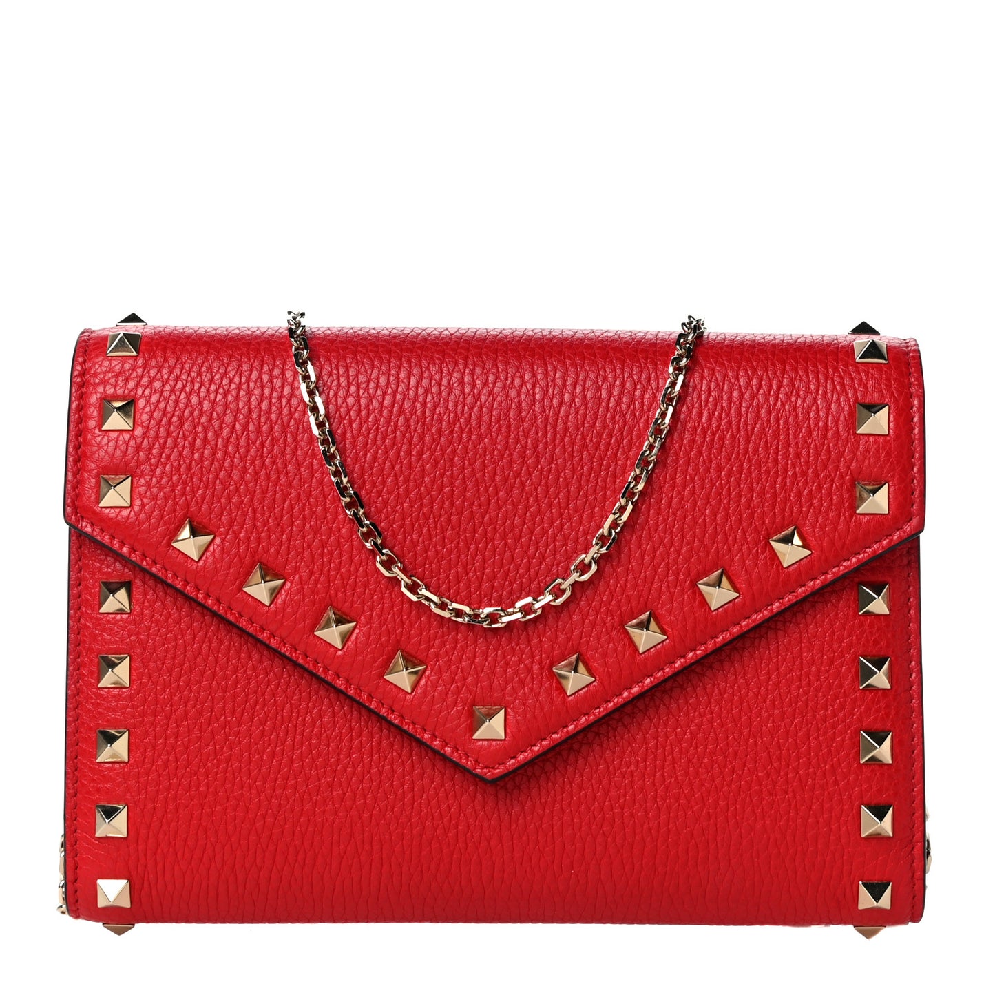 Pebbled Calfskin Rockstud Envelope Wallet on Chain Rouge Pur