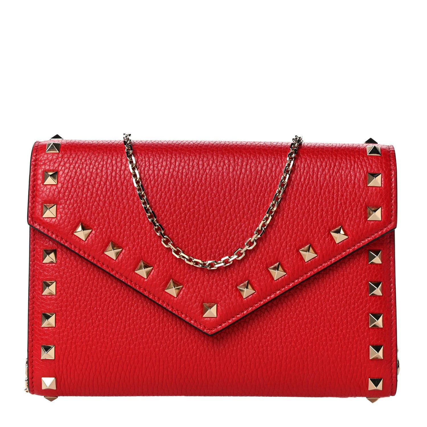 Valentino Garavani Pebbled Calfskin Rockstud Envelope Wallet on Chain Rouge Pur 1 of 10