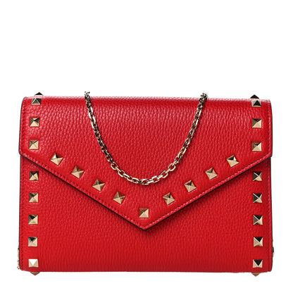 Valentino Garavani Pebbled Calfskin Rockstud Envelope Wallet on Chain Rouge Pur 1 of 10