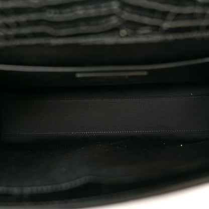 Saint Laurent Shiny Calfskin Crocodile Embossed Manhattan Baguette Black 5 of 10