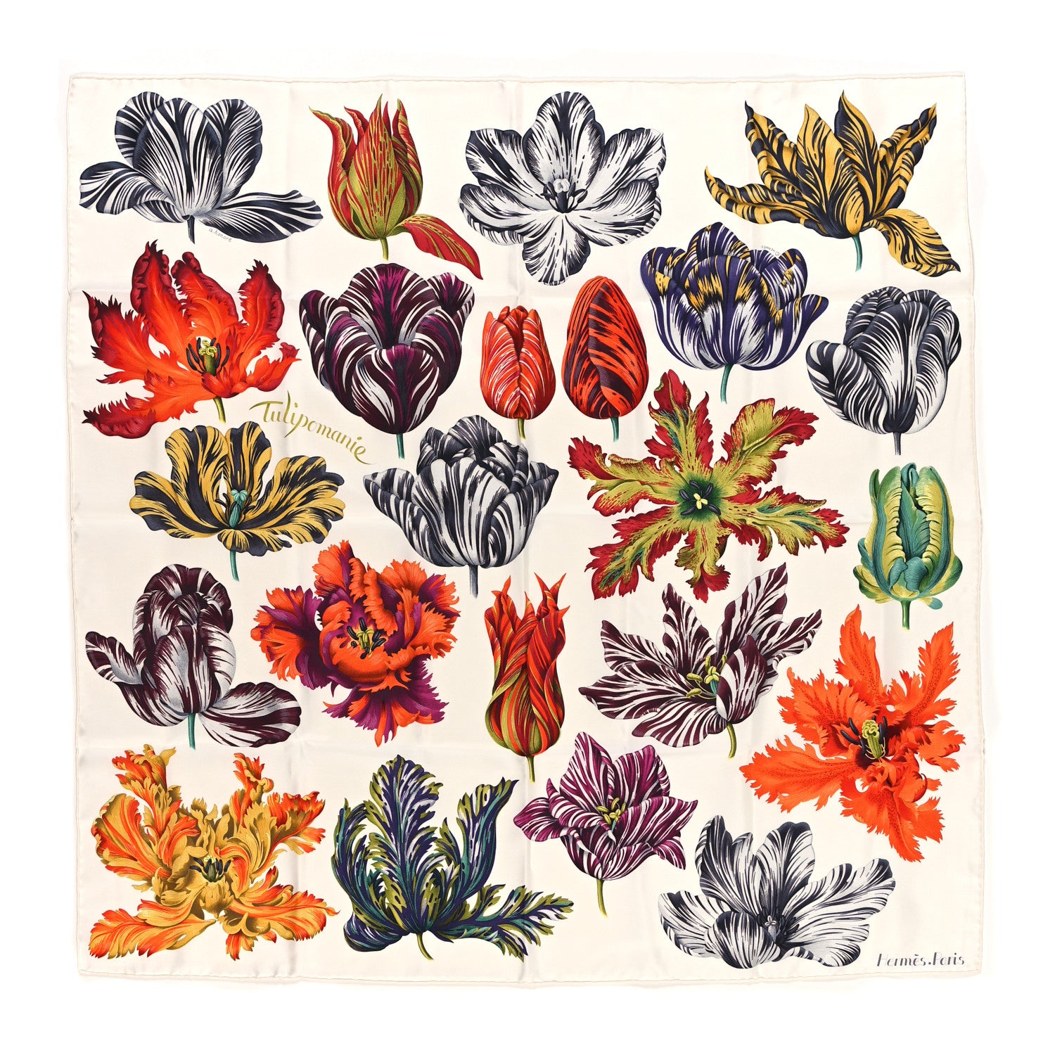 Hermes Silk Tulipomanie Scarf 90 White Corail Gris 1 of 4