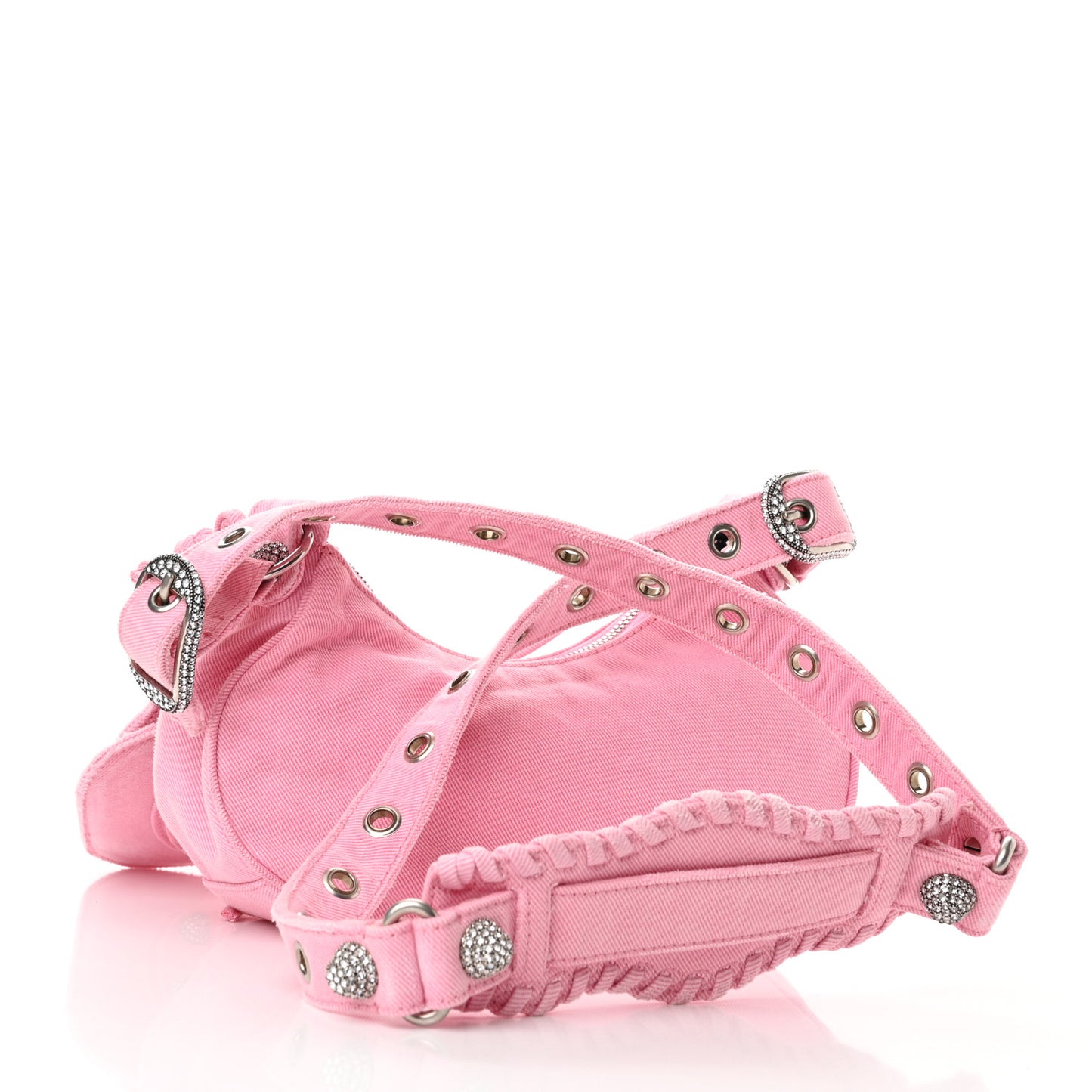 Washed Frayed Denim Crystal Le Cagole Shoulder Bag XS Denim Pink