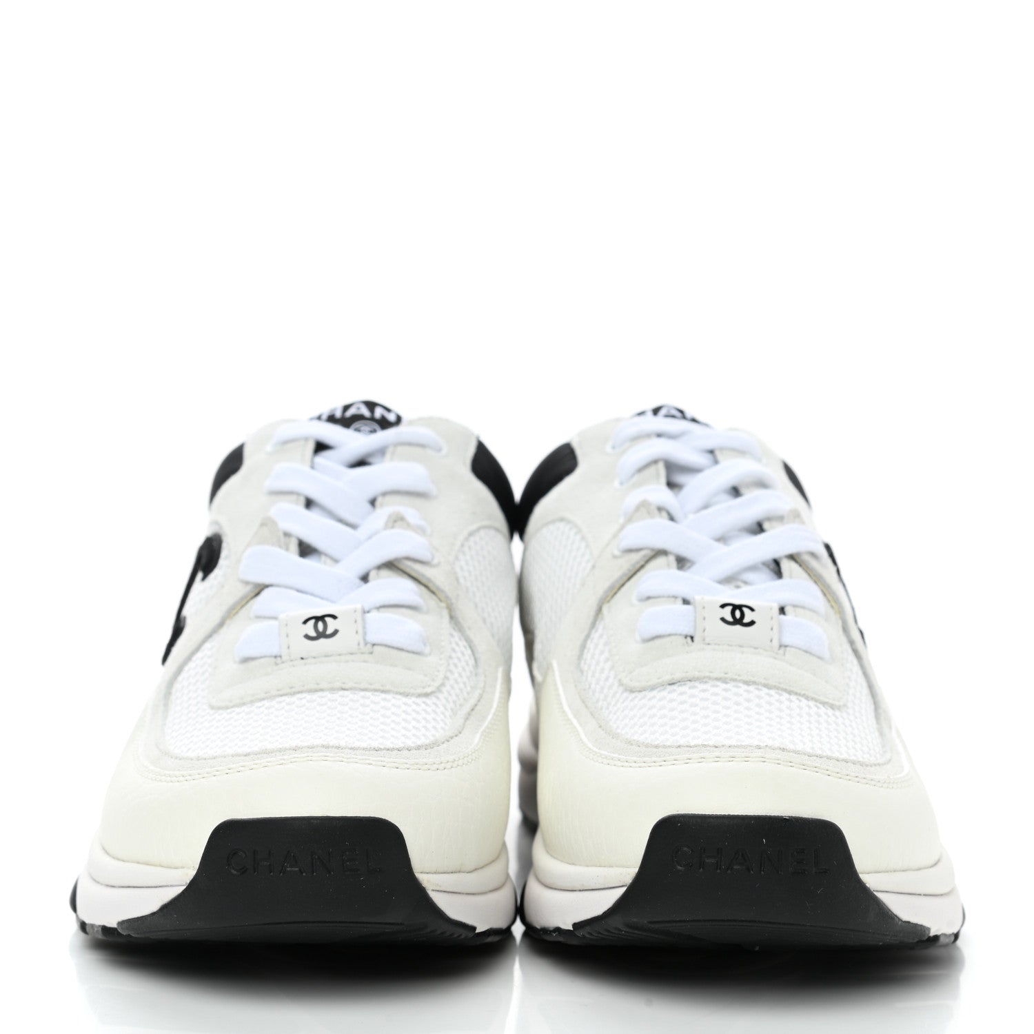 Chanel Mesh Suede Calfskin Grained Calfskin Womens CC Sneakers 38 White Black 2 of 9