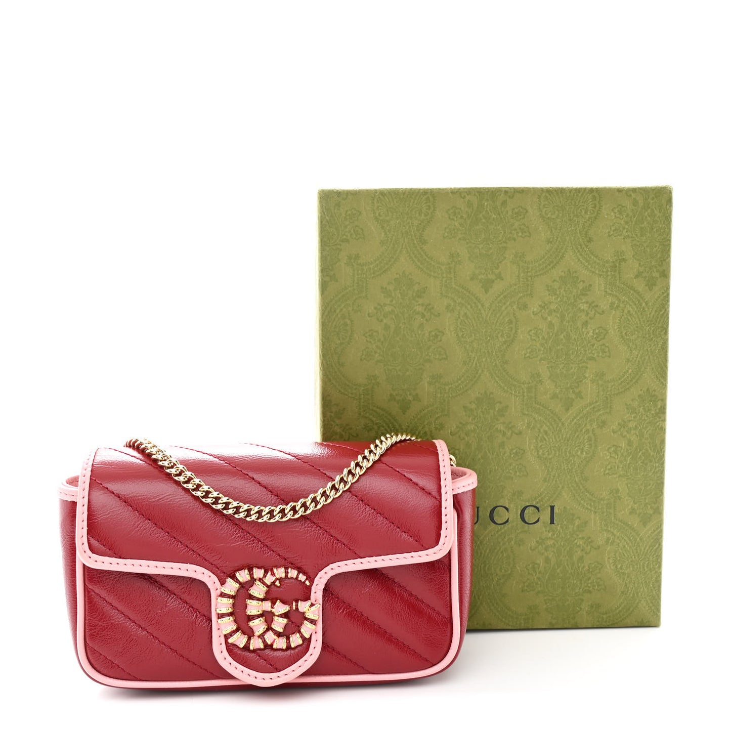 Azalea Calfskin Enamel Matelasse Diagonal Super Mini Torchon GG Marmont Shoulder Bag New Cherry Red Wild Rose