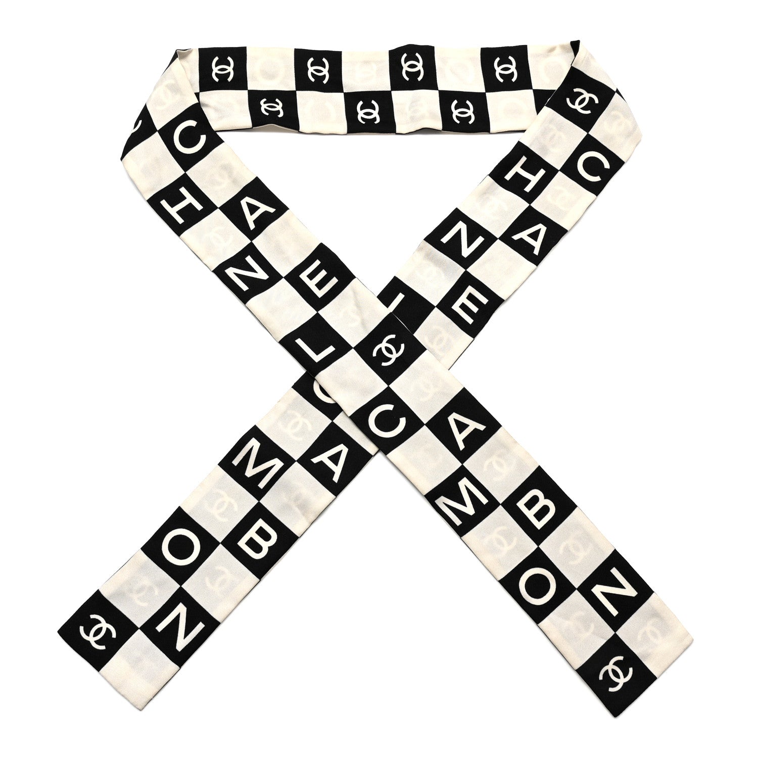 Chanel Silk Logo Cambon Slim Bandeau Scarf Black Ecru 1 of 5