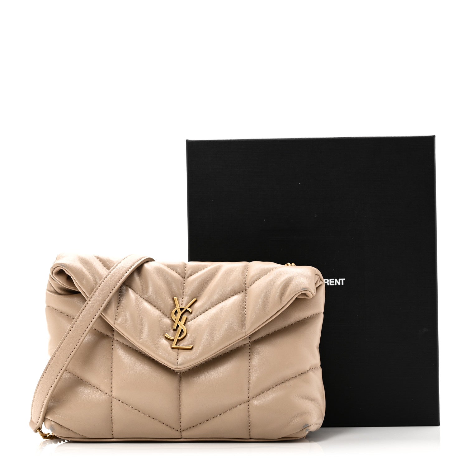 Saint Laurent Lambskin Quilted Toy Loulou Puffer Monogram Chain Satchel Dark Beige 11 of 12