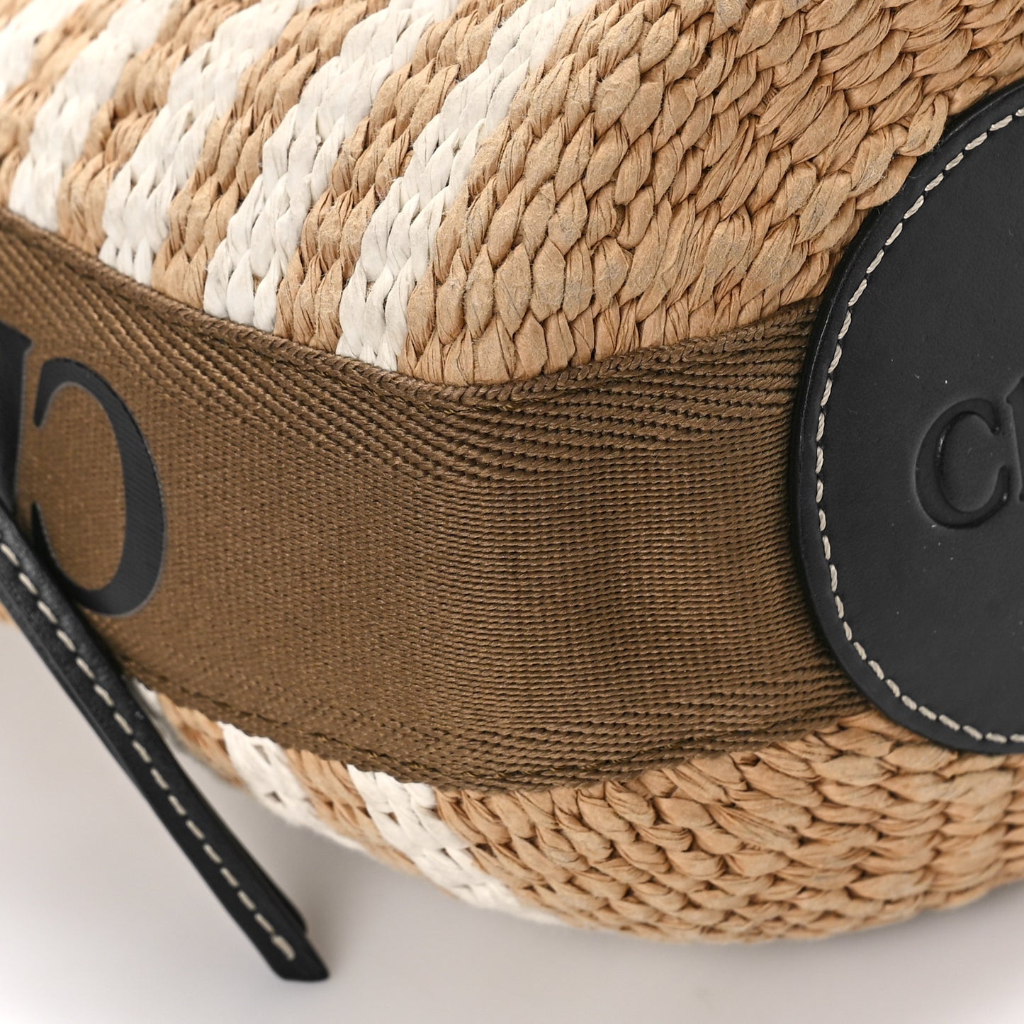 Raffia Calfskin Small Woody Striped Basket Bag Grove Brown