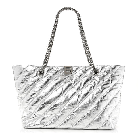Metallic Crushed Calfskin Quilted Medium Crush Carry All Tote Bag Silver