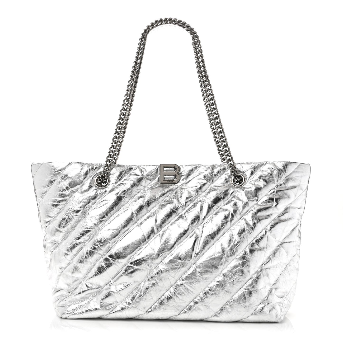 Metallic Crushed Calfskin Quilted Medium Crush Carry All Tote Bag Silver