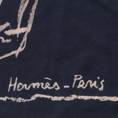 Hermes Cashmere Silk Pirouette au Galop Shawl 140 Marine Naturel Beige 5 of 8