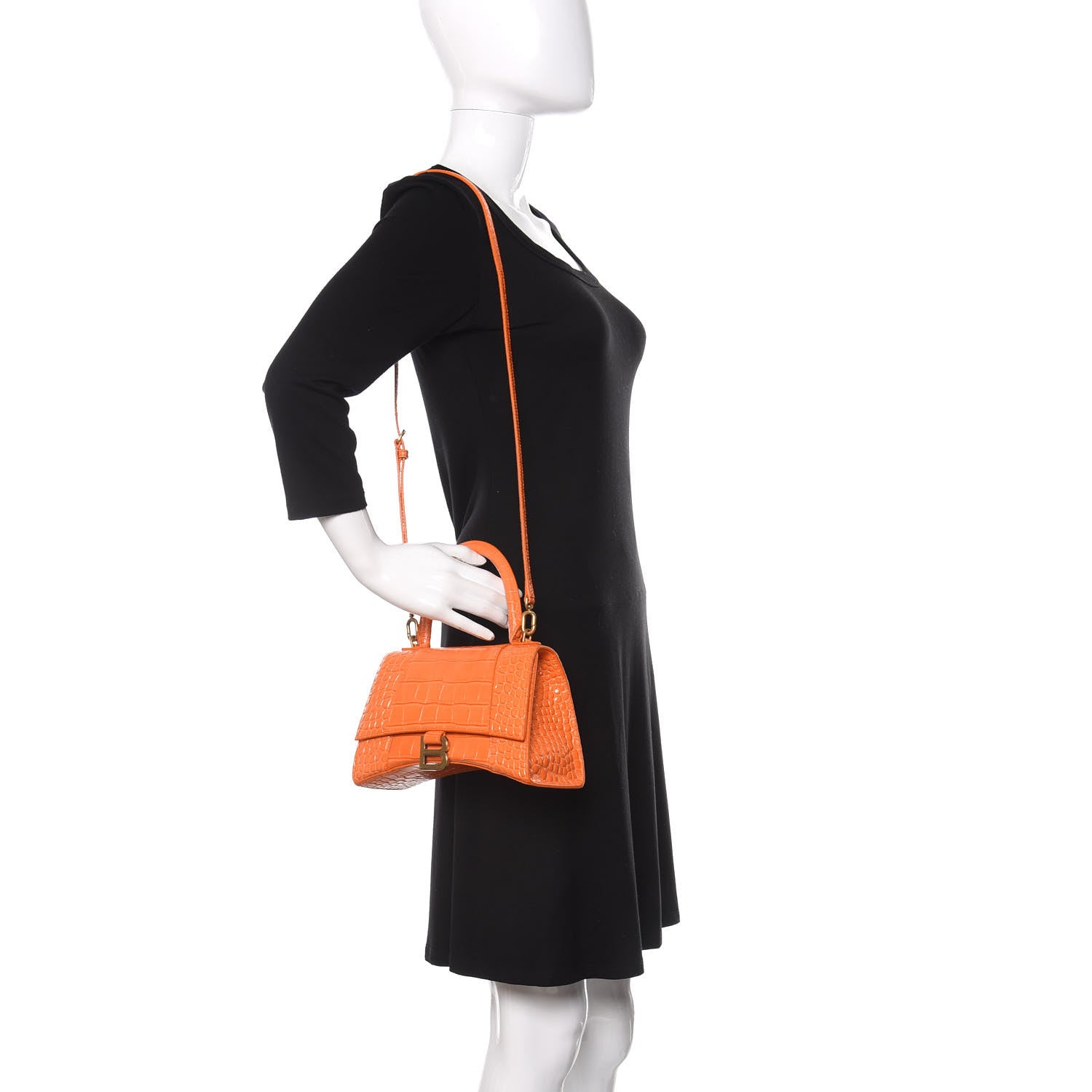 Balenciaga Shiny Calfskin Crocodile Embossed Small Hourglass Top Handle Bag Orange 2 of 10