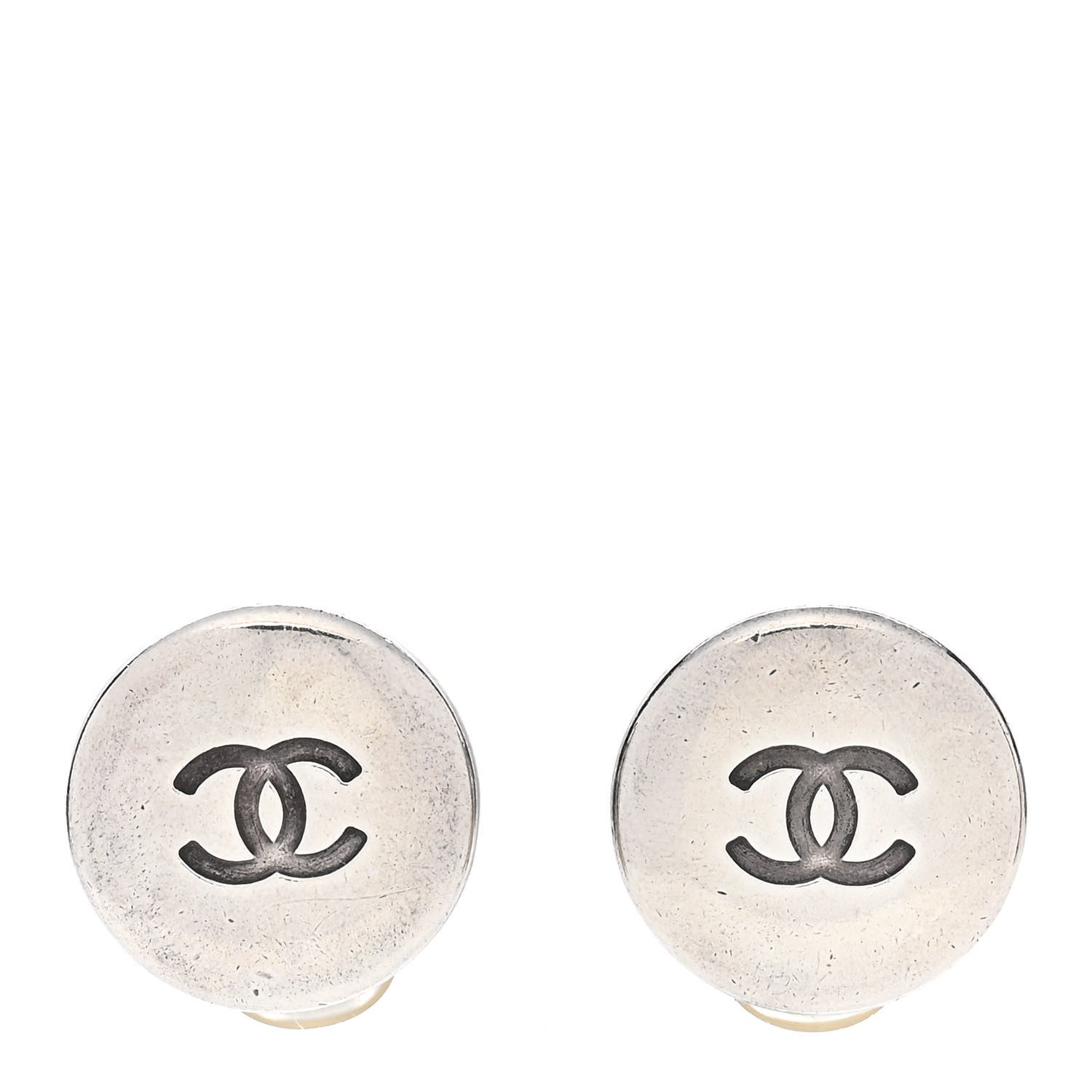 Chanel Metal Round CC Clip On Earrings Silver 1 of 5