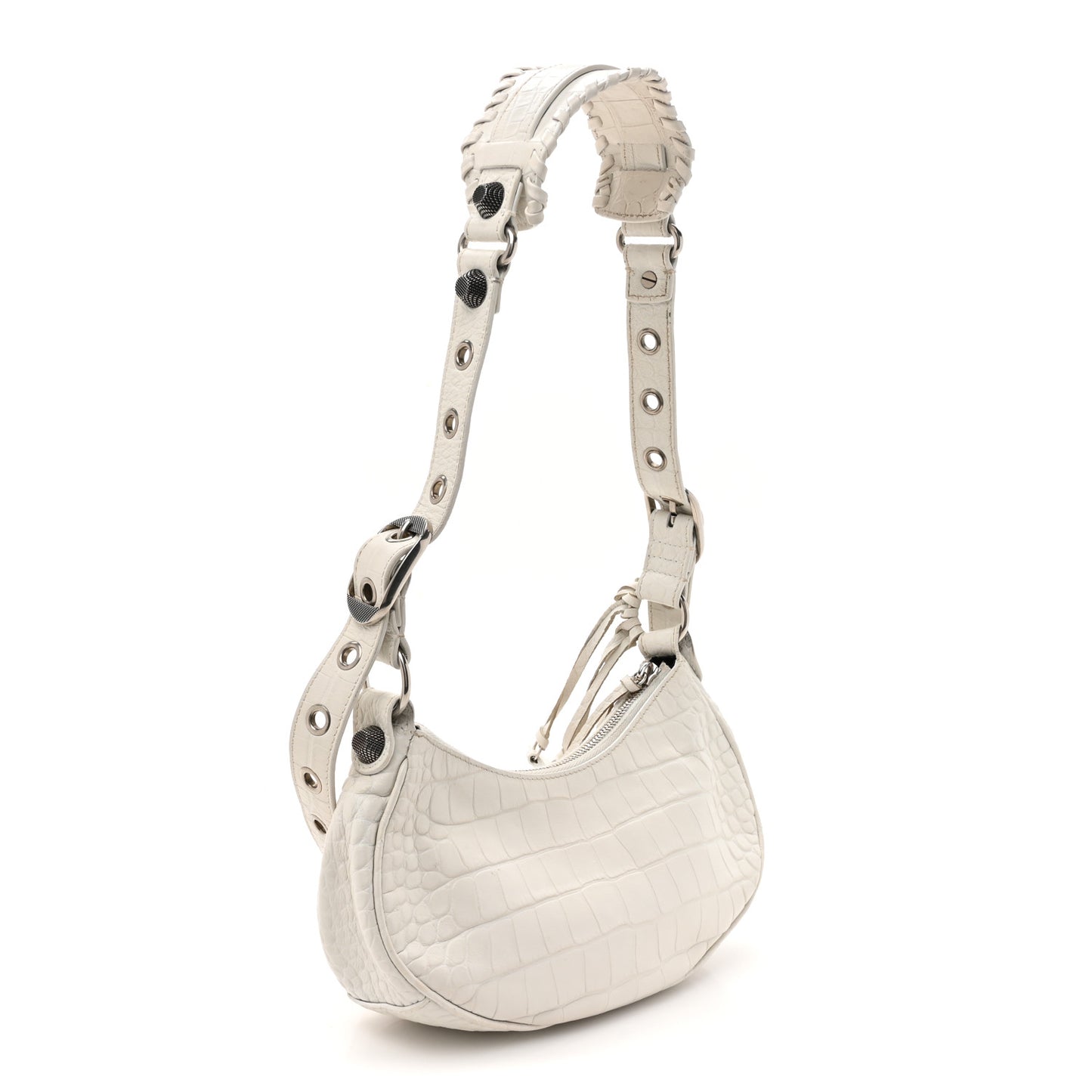 Extra Supple Calfskin Crocodile Embossed Le Cagole Shoulder Bag XS Optic White