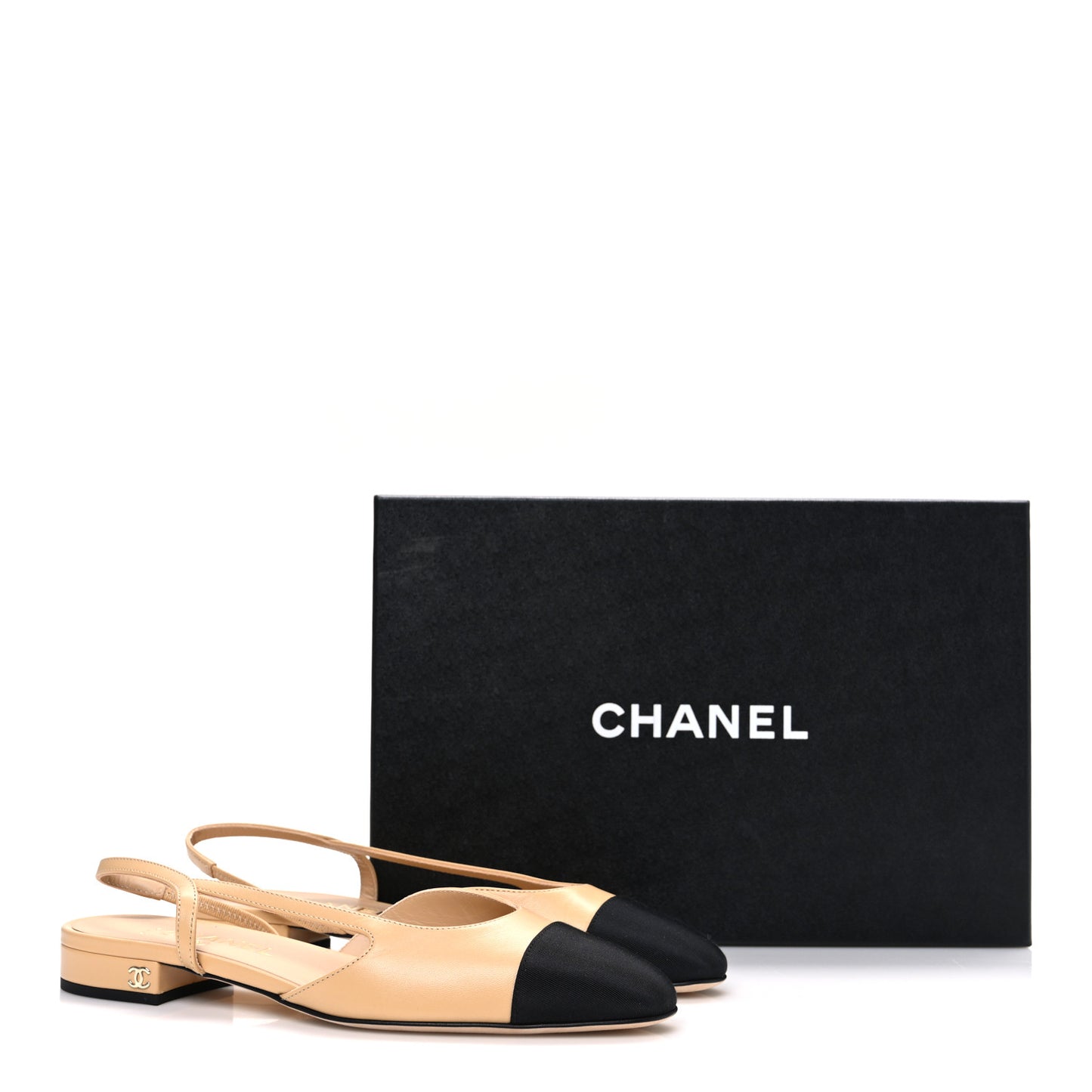 Goatskin Grosgrain Cap Toe CC Slingback Sandals 37.5 Beige Black