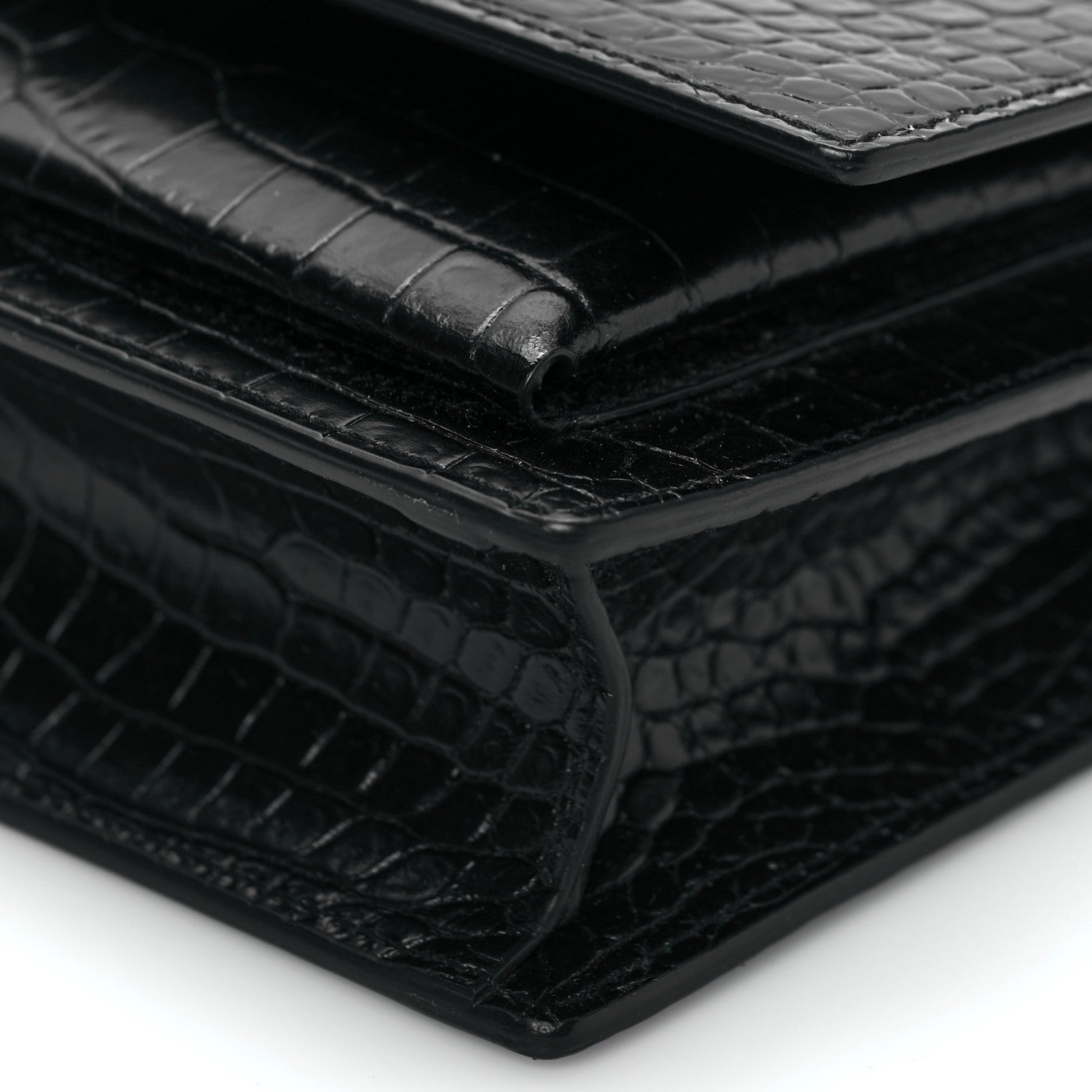 Saint Laurent Calfskin Crocodile Embossed Monogram Sunset Chain Wallet Black 8 of 8