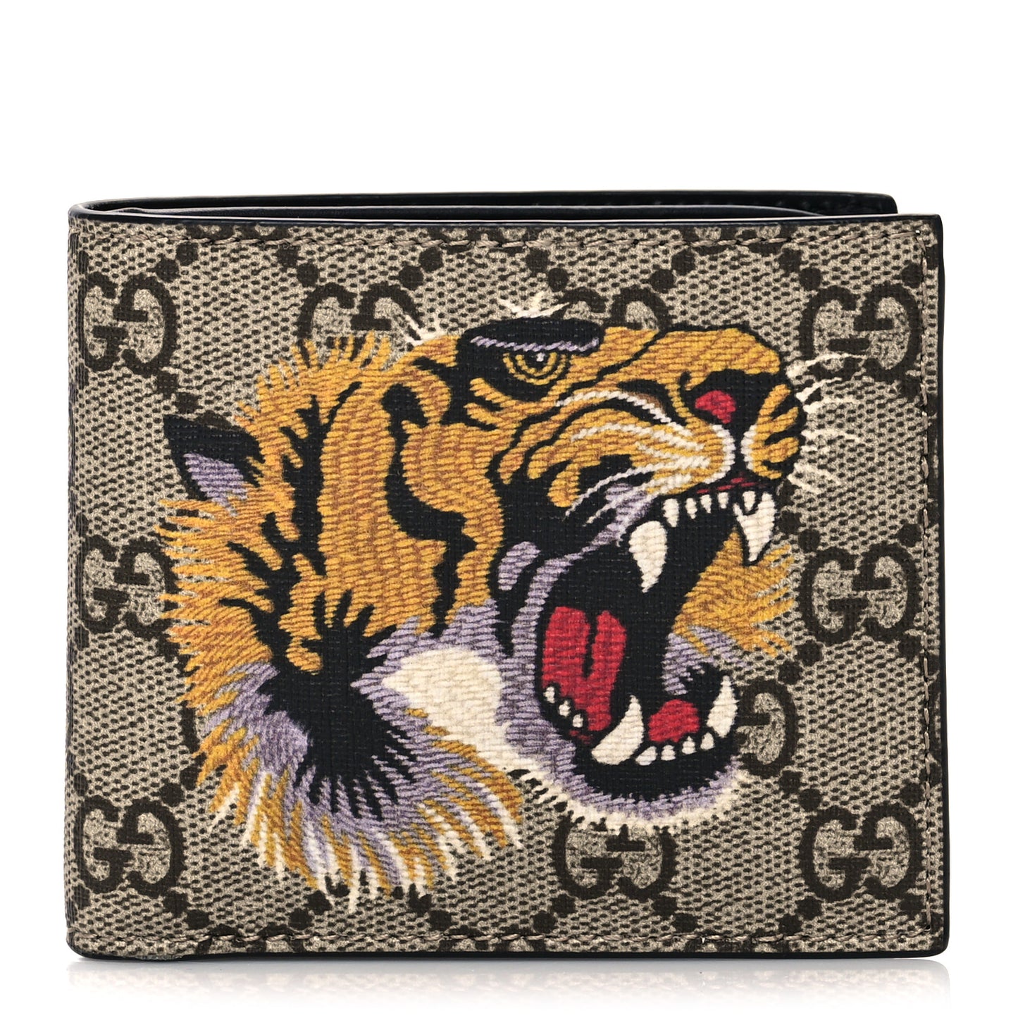 GG Supreme Monogram Selleria Calfskin Tiger Nice Bi-Fold Wallet Beige Ebony Multicolor Black