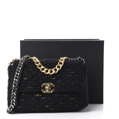 Chanel Tweed Quilted Large 19 Flap Black Navy Gold 11 of 11