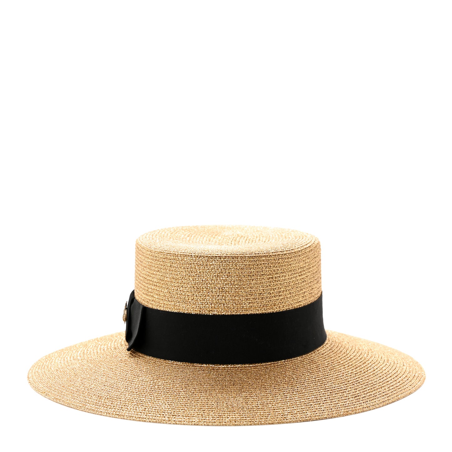 Glittered Straw Grosgrain Wide Brim Hat M Gold Black