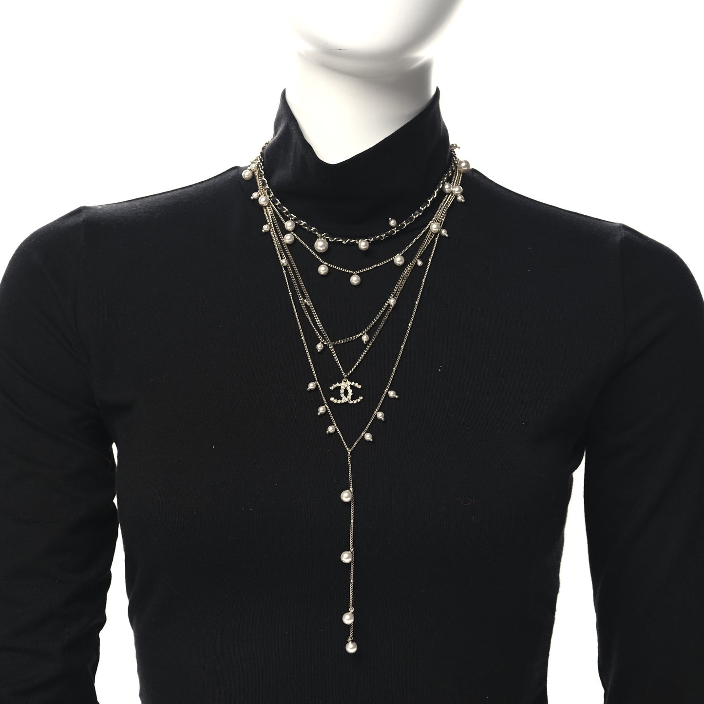Pearl Crystal Lambskin CC Short Multi Strand Necklace Gold Black