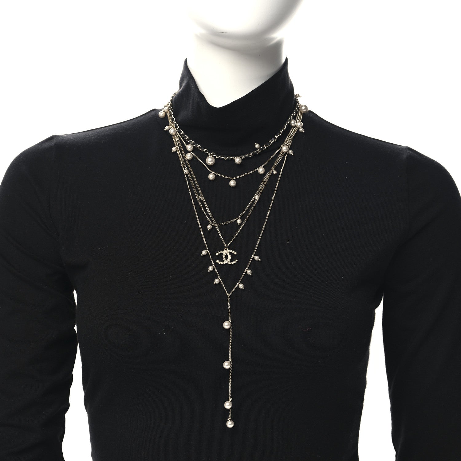 Chanel Pearl Crystal Lambskin CC Short Multi Strand Necklace Gold Black 2 of 4