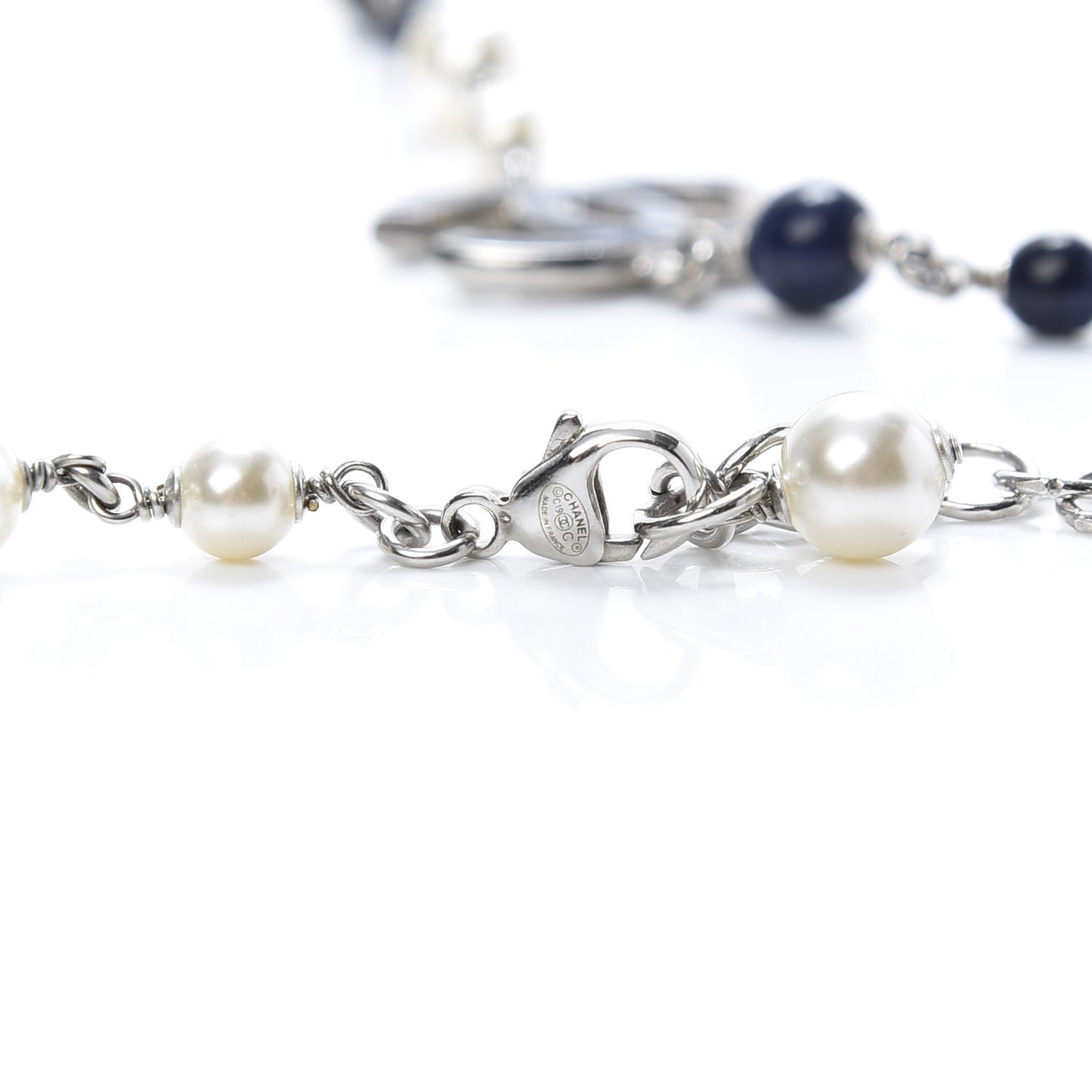 Pearl Bead Enamel CC Long Necklace Silver Blue