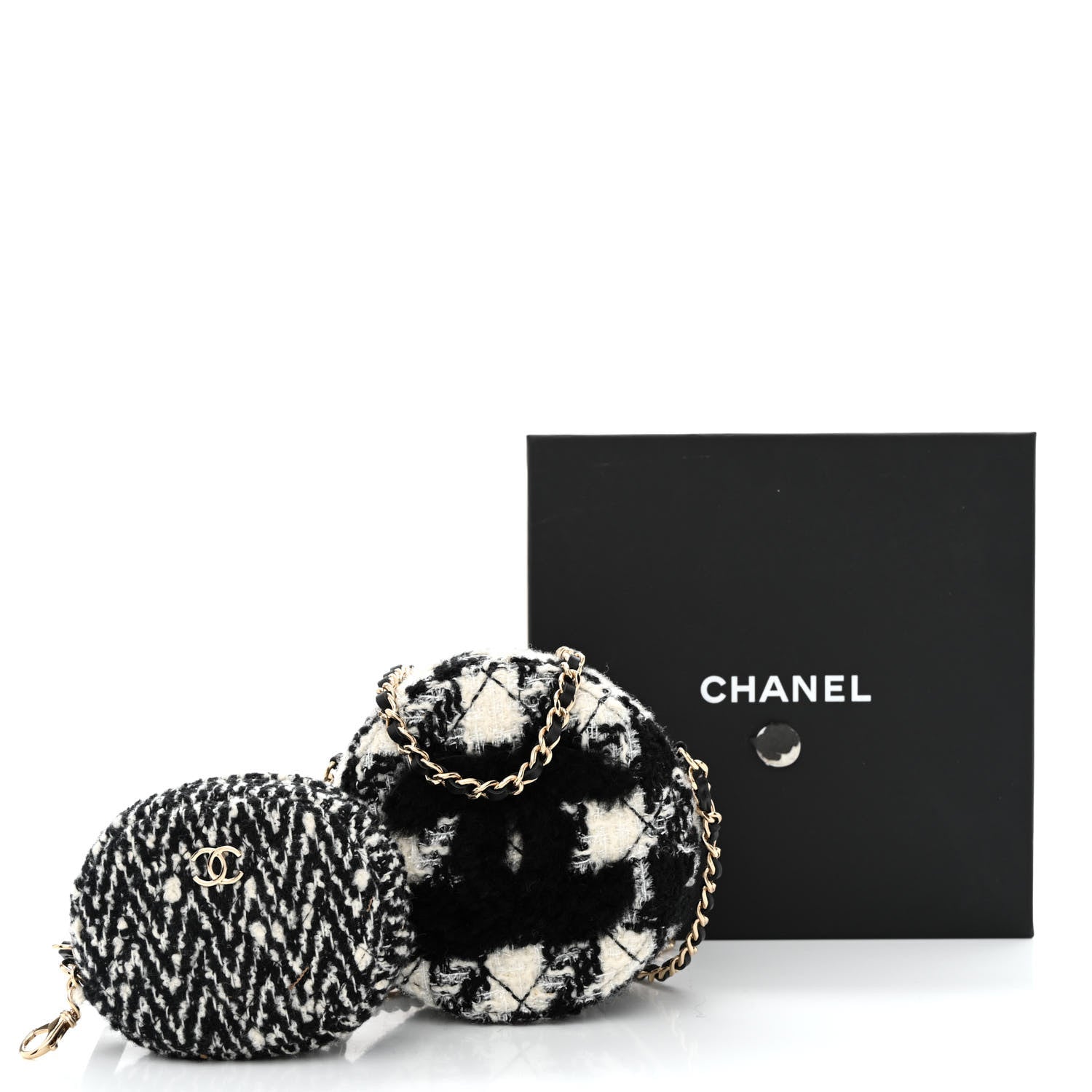 Chanel Tweed Shearling Round Clutch With Chain and Coin Purse Black and White 19 of 19
