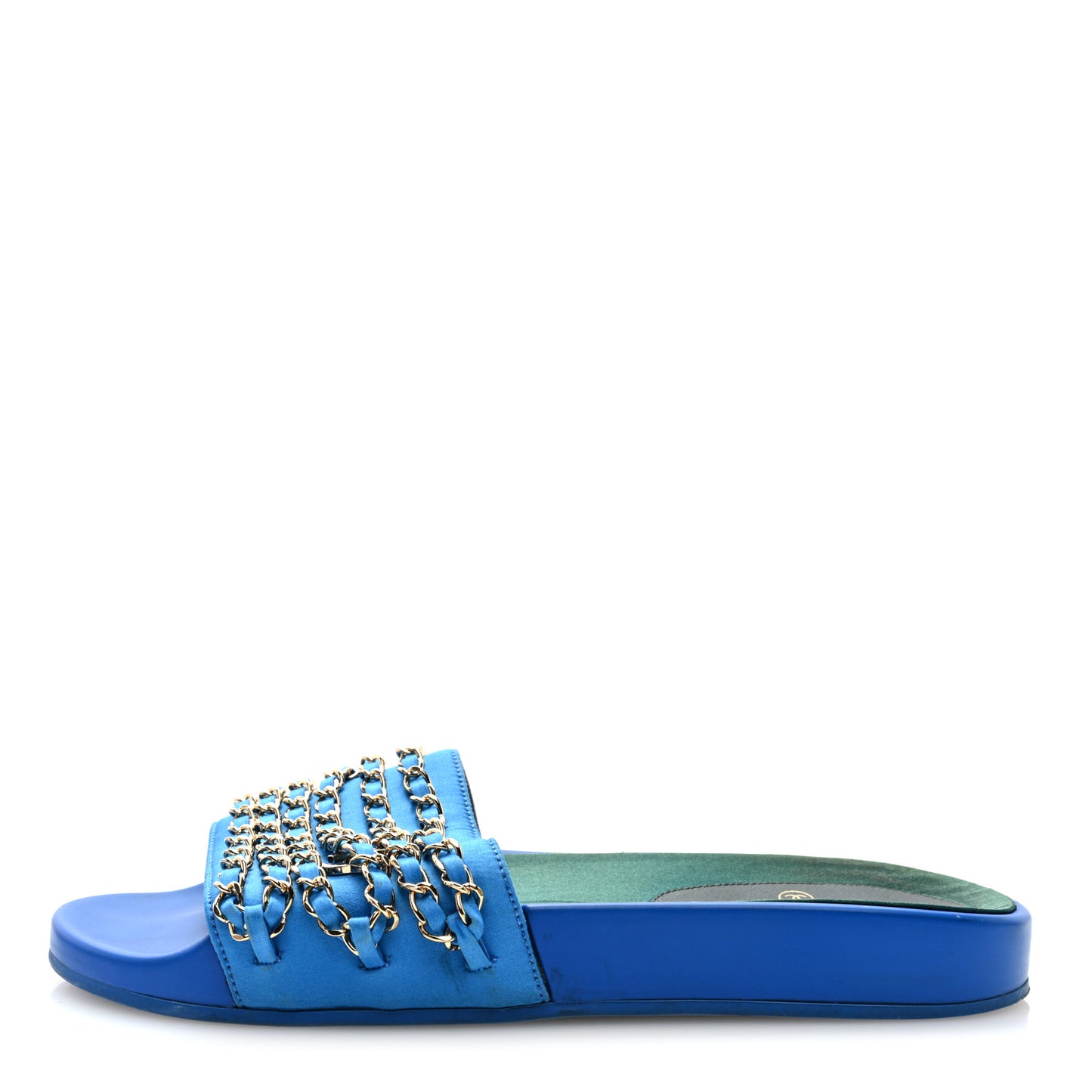 Satin Canvas Chain Slides Sandals Flats 40 Blue