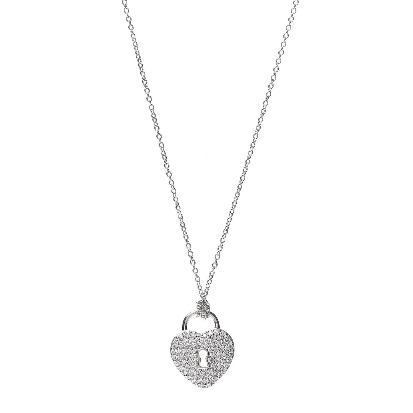 18K White Gold Platinum Diamond Medium Heart Lock Pendant Necklace